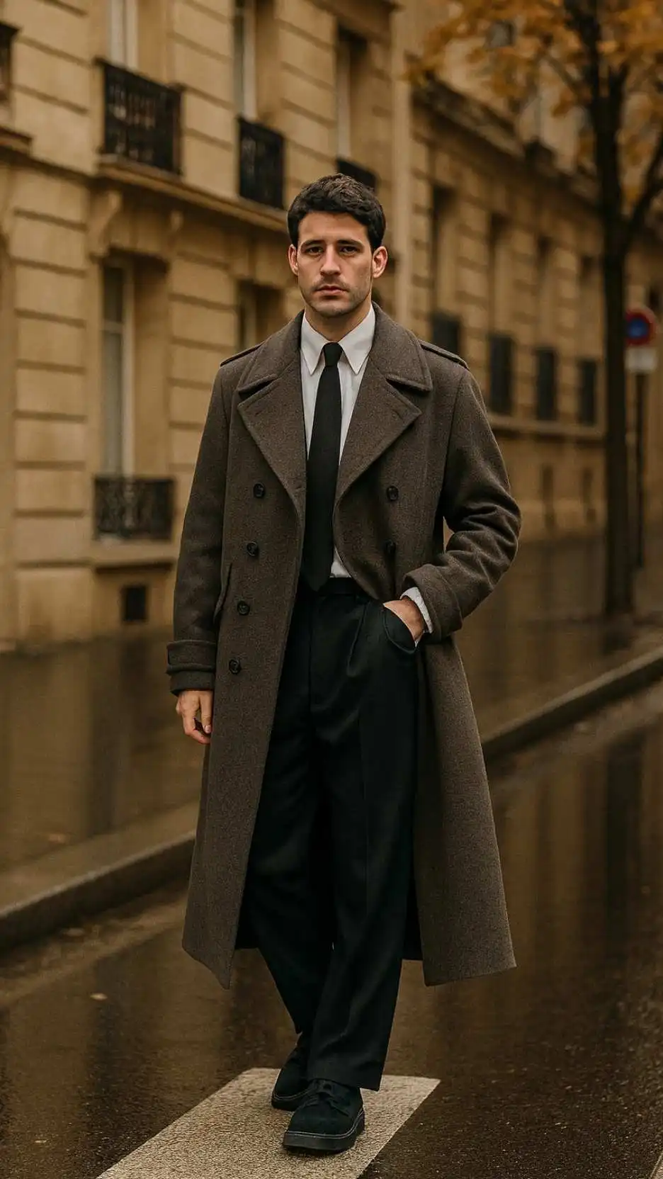 Dark-Brown Officer Overcoat + White Dress Shirt + Black Skinny Tie + Black Tailored Trousers + Black Dress Shoes