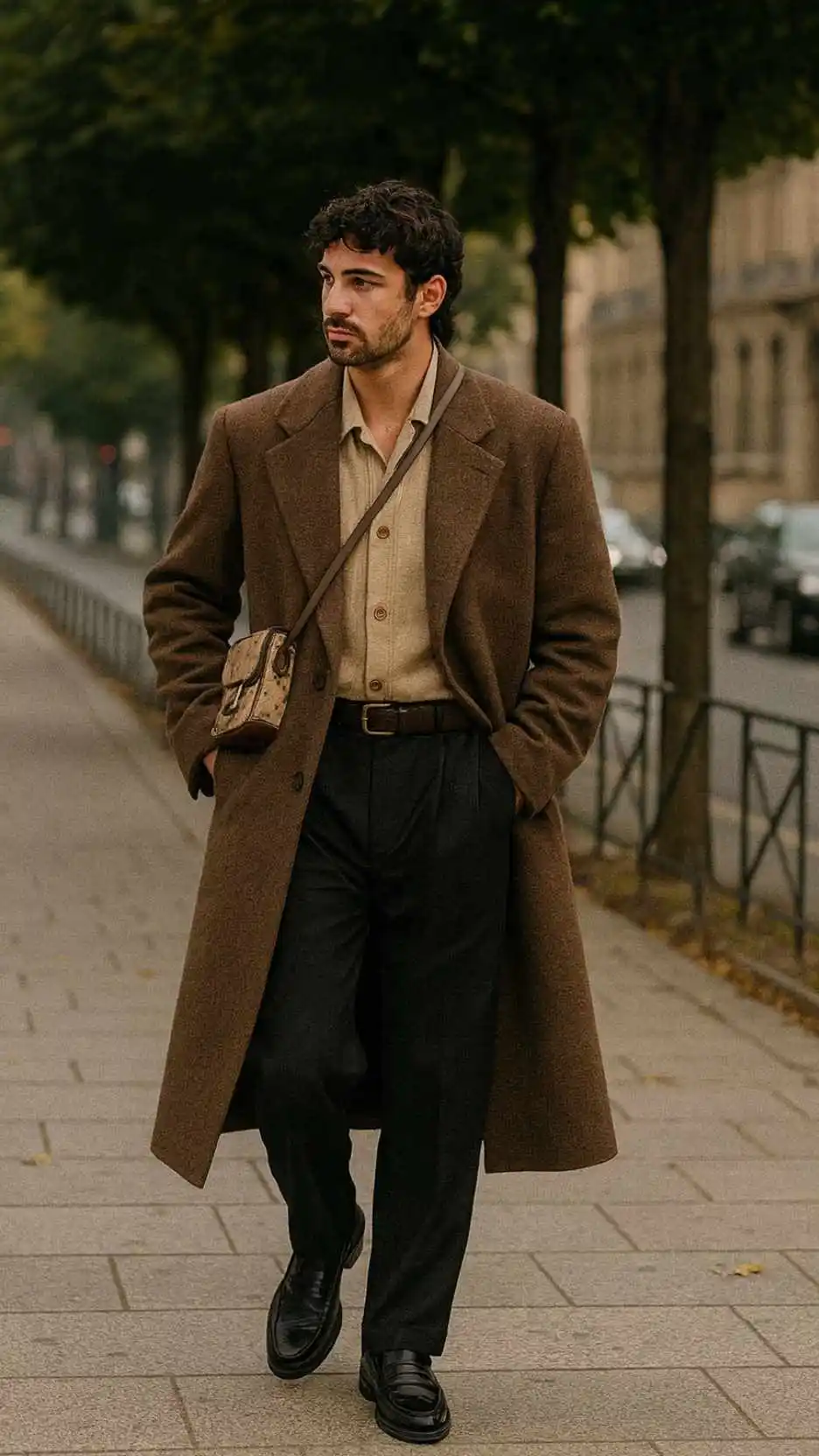 Chocolate Overcoat + Beige Cardigan + Light-Beige Shirt + Black Pleated Trousers + Black Loafers + Brown Mini Cross-Body + Black Belt