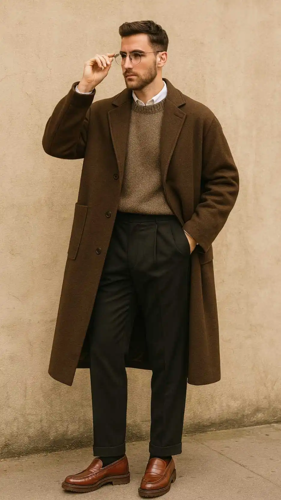 Chestnut Overcoat + Taupe Crew-Neck Sweater + White Oxford Shirt + Black Pleated Trousers + Cognac Tassel Loafers + Glasses