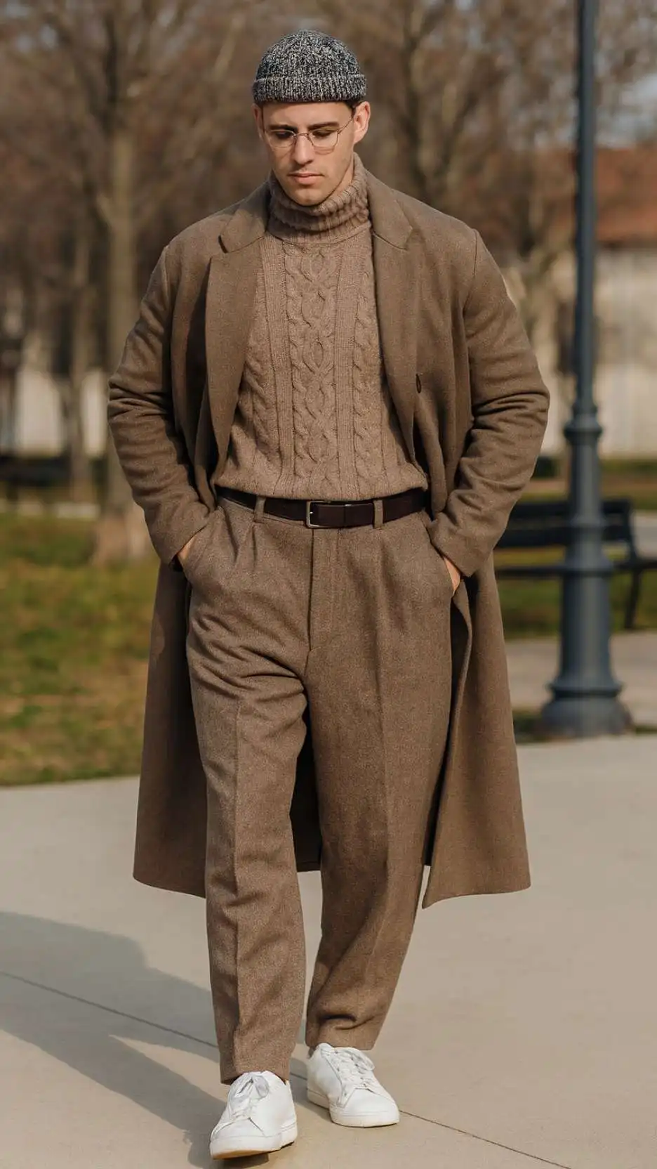 Sand Overcoat + Beige Cable-Knit Turtleneck + Brown Tweed High-Waist Trousers + Dark-Brown Leather Belt + White Retro Sneakers + Patterned Knit Cap