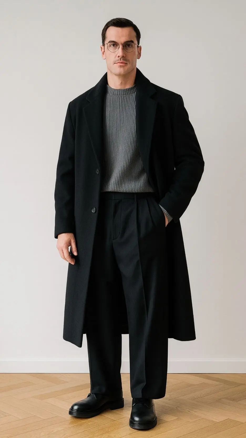 Black Long Overcoat + Grey Ribbed Sweater + Black Wide Pleated Trousers + Black Leather Derby Shoes