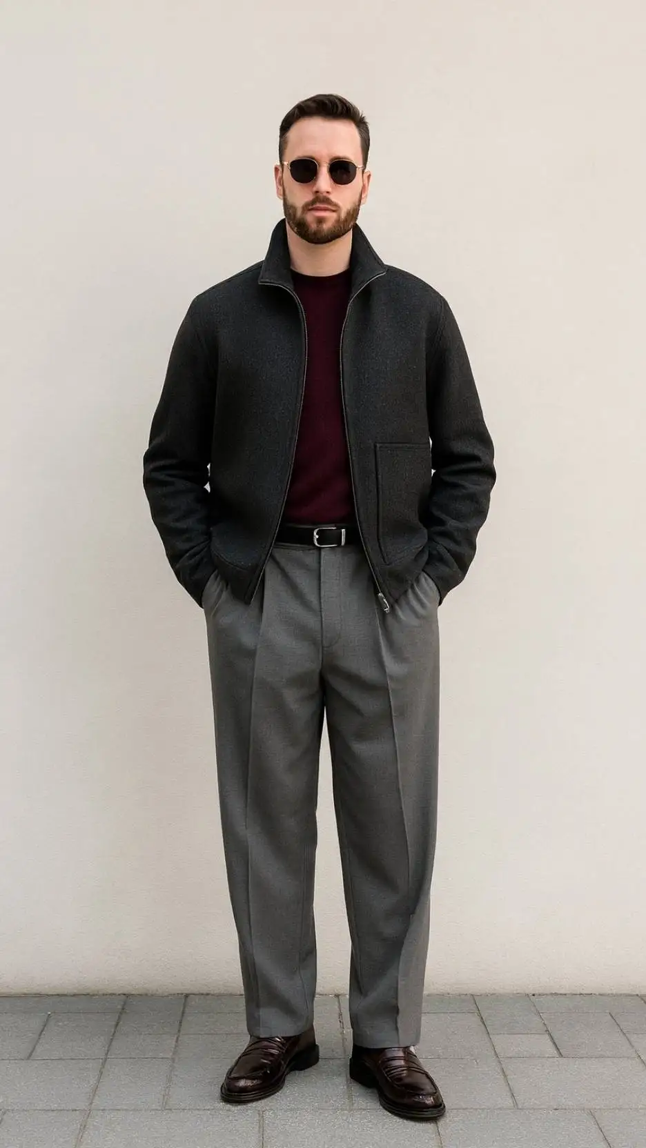 Charcoal Zip Bomber Jacket + Burgundy Knit Top + Grey Pleated Trousers + Dark Brown Glossy Loafers + Round Sunglasses