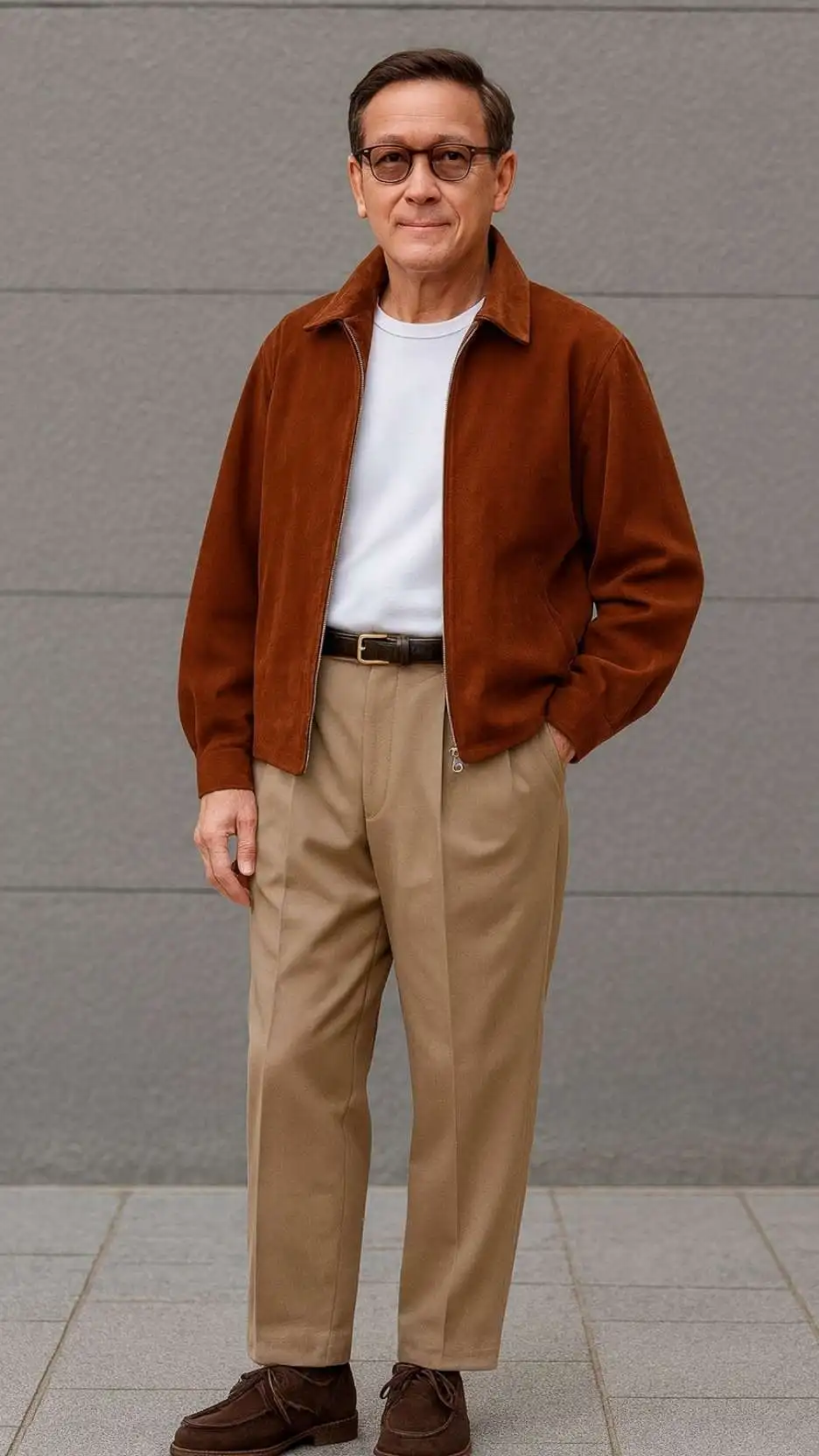 Rust Suede Bomber Jacket + White Tee + Khaki Pleated Trousers + Brown Suede Moc-Toes/Wallabees + Brown Leather Belt