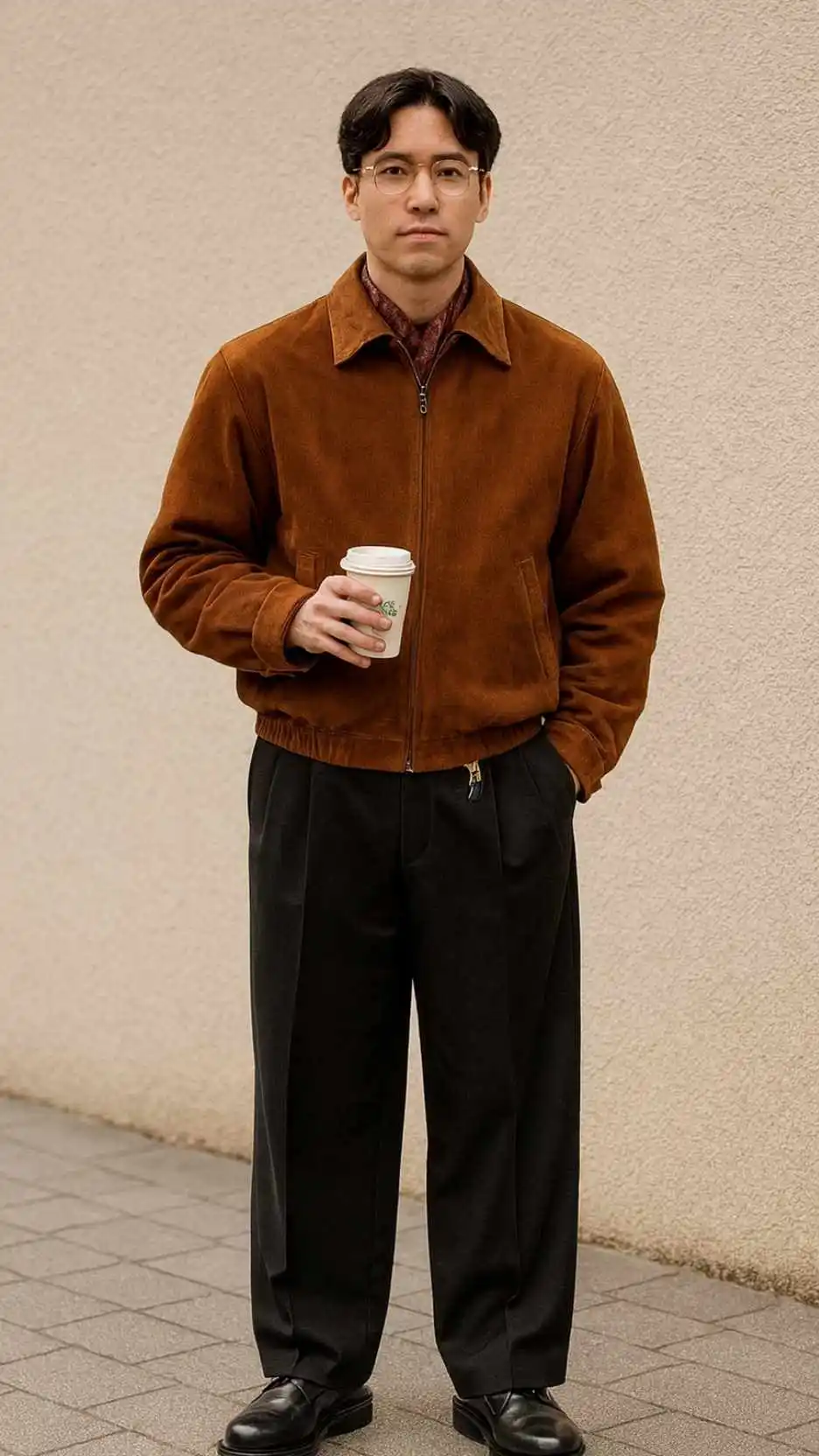 Brown Suede Bomber Jacket + Patterned Scarf + Black Wide Trousers + Black Chunky Loafers + Clear Glasses