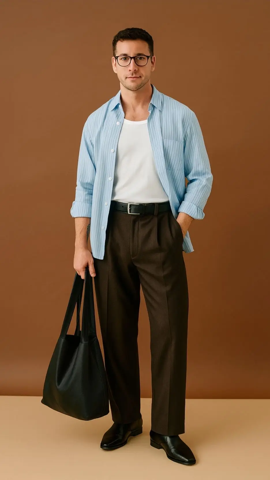 Light-Blue Striped Overshirt + White Tank + Dark-Brown Wide Trousers + Black Square-Toe Boots + Black Tote