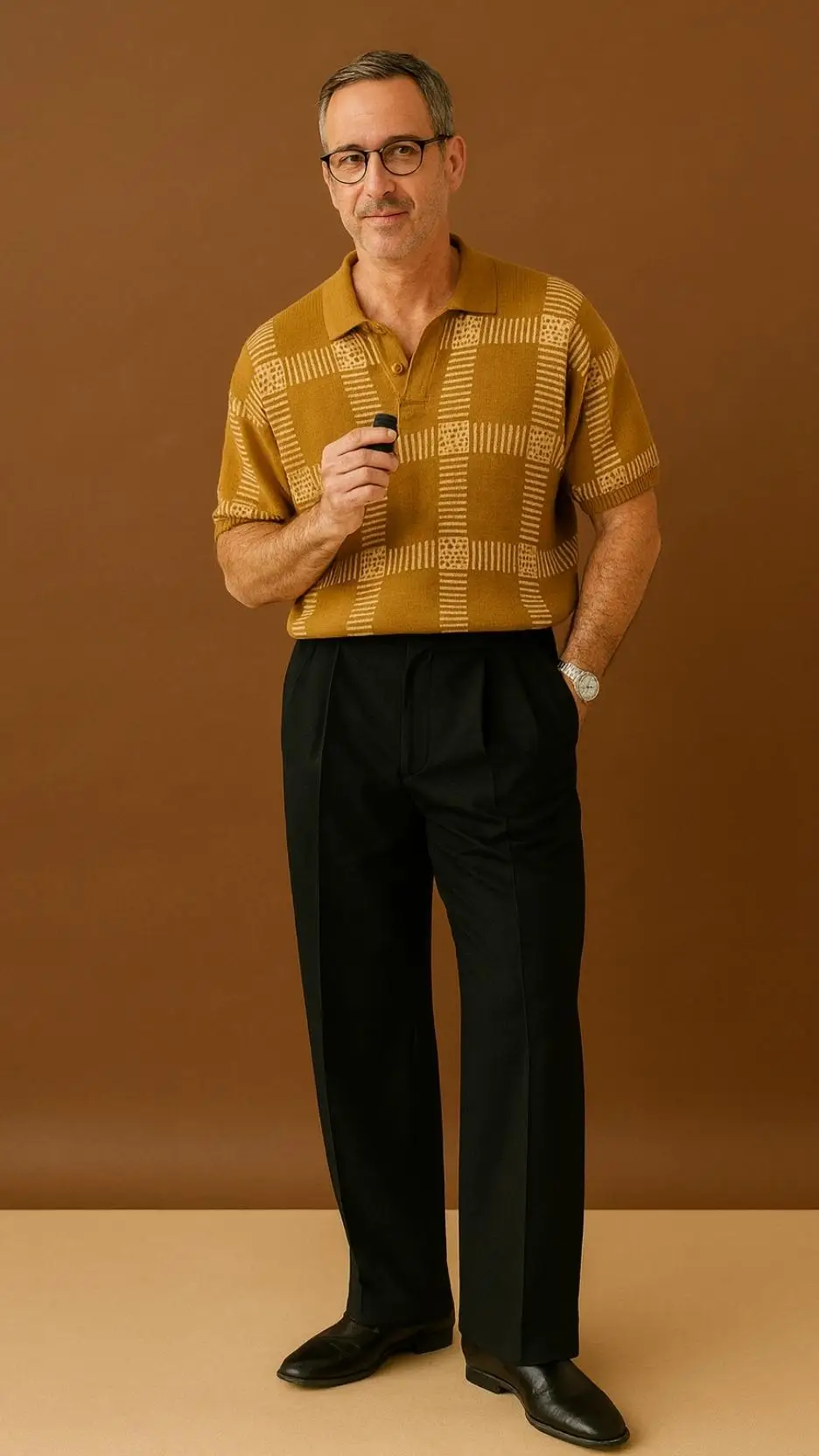 Mustard Check Knit Polo + Black Pleated Trousers + Black Square-Toe Boots