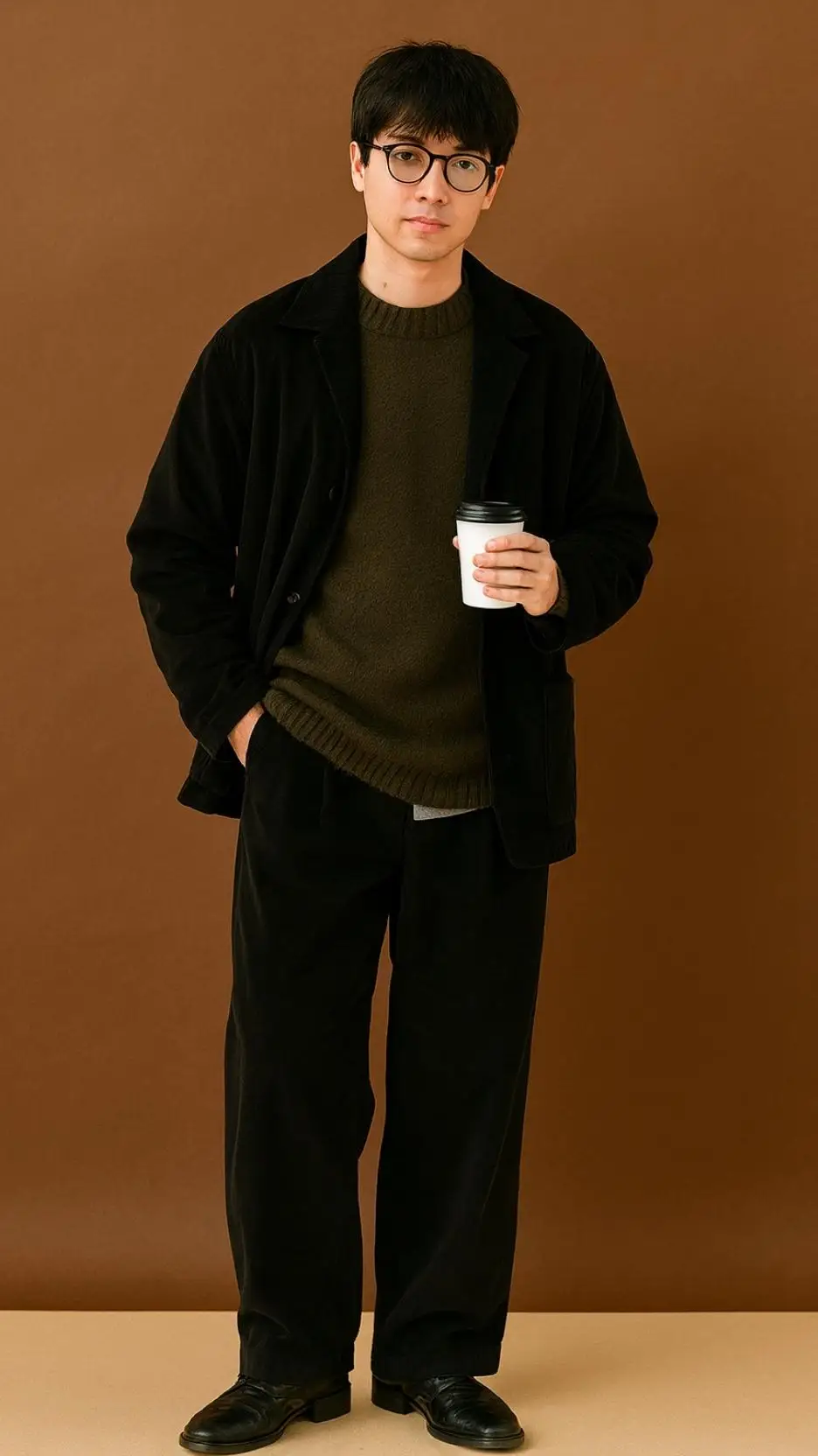 Black Overshirt + Olive Sweater + Grey Shirt Hem + Black Loose Trousers + Black Sneakers + Round Glasses