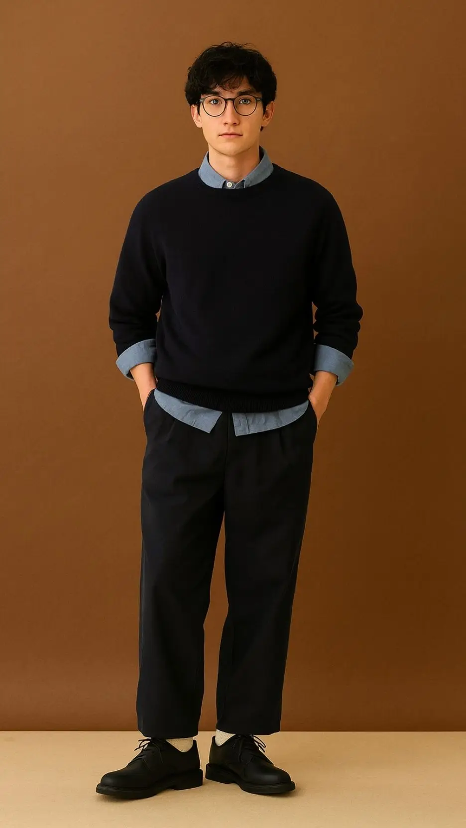 Navy Crewneck Sweater + Blue Oxford Shirt + Navy Cuffed Trousers + Black Derbies
