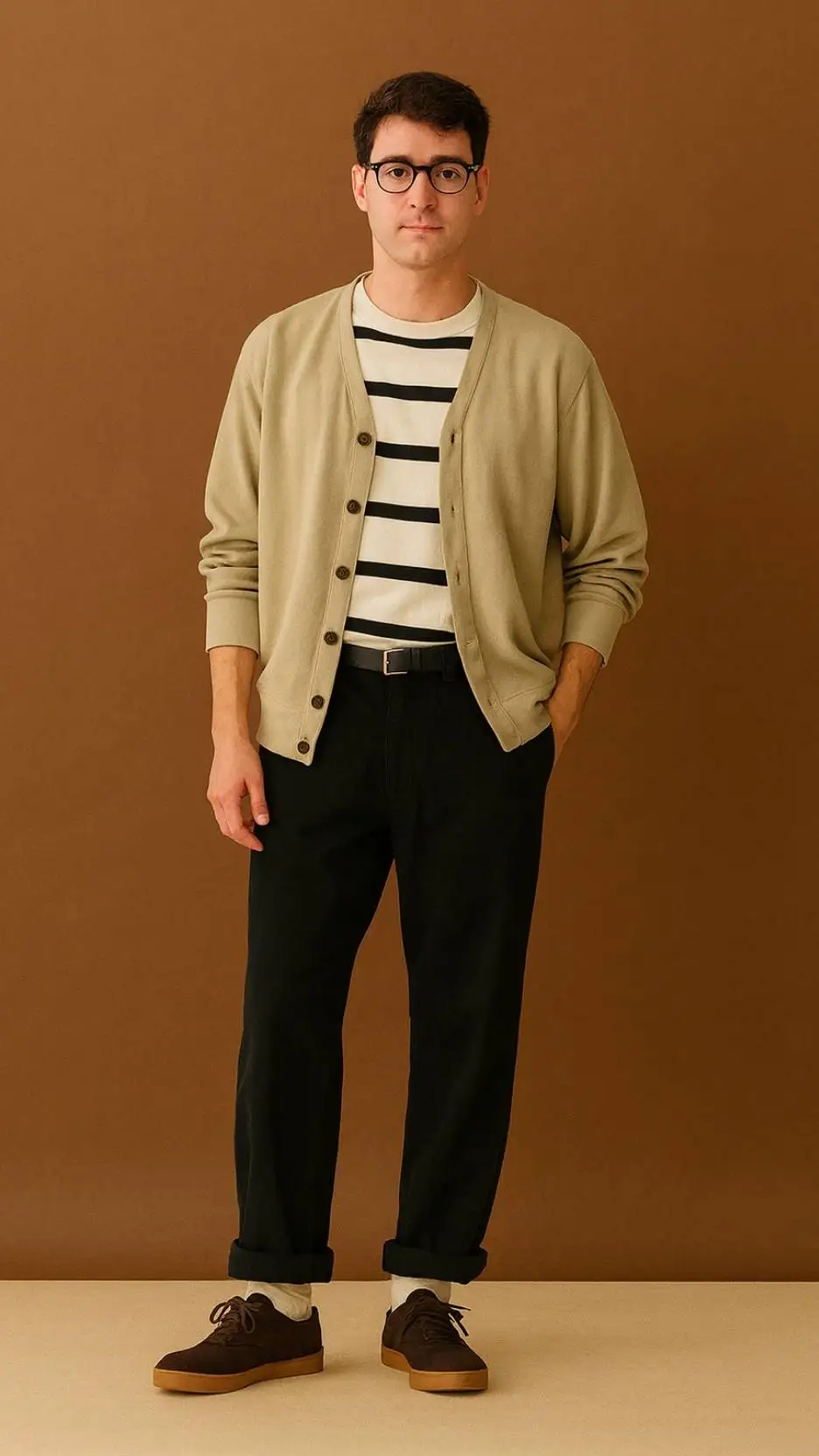 Beige Cardigan + Black-And-White Striped Tee + Black Cuffed Trousers + Brown Suede Sneakers (Gum Sole) + Black Belt