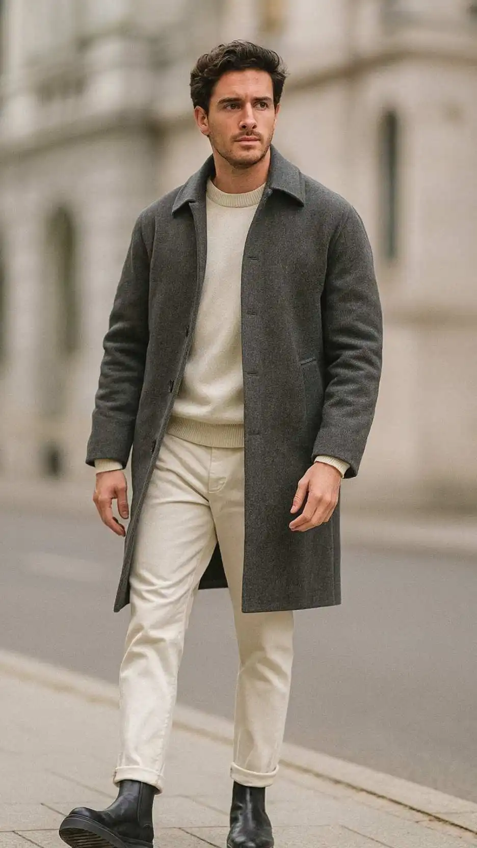 Gray Overcoat + Cream Knit + White Oxford + Off-White Chinos + Black Chunky Chelsea Boots