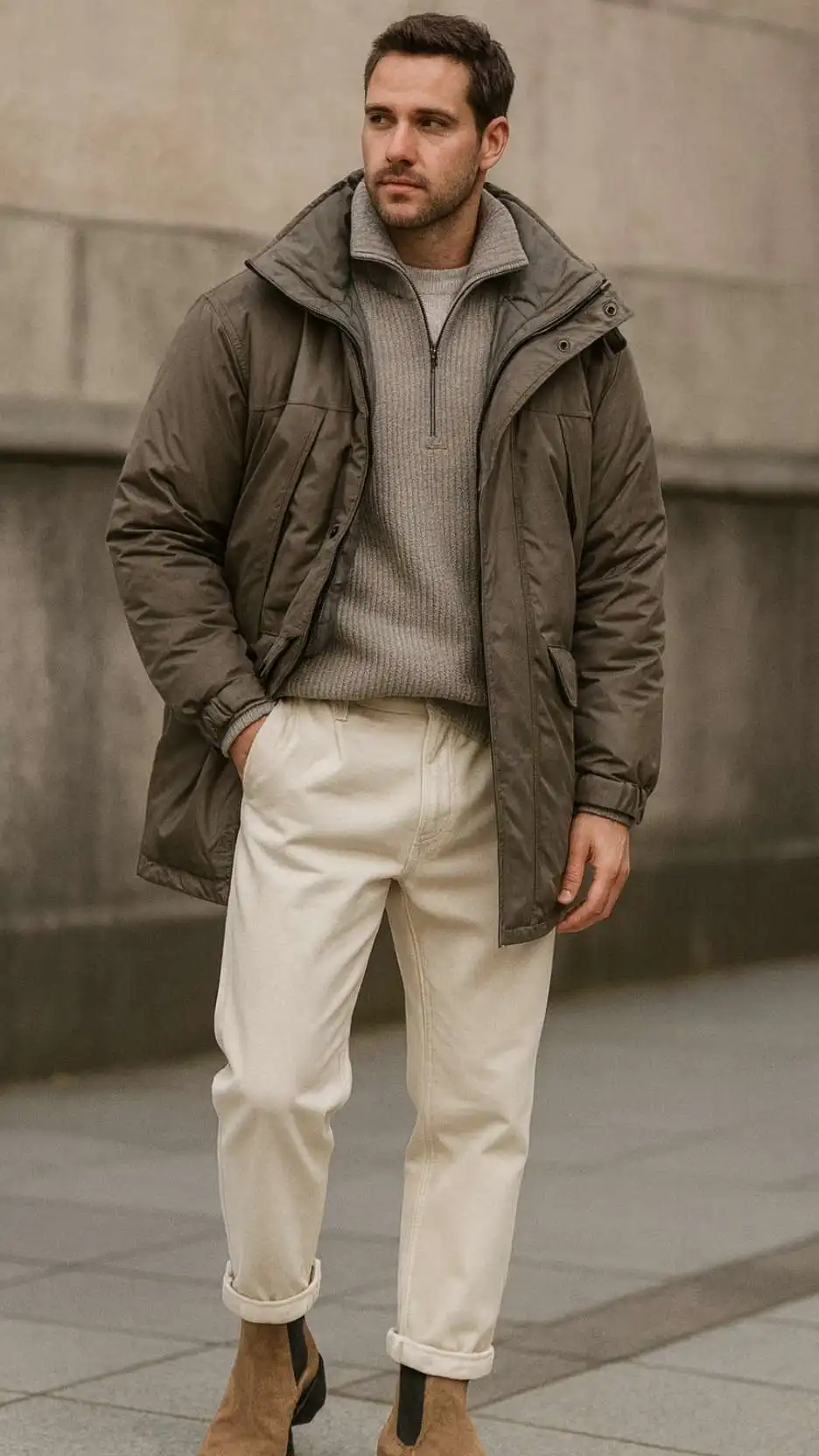 Olive Puffer Jacket + Gray Half-Zip + White Tee + Ecru Cuffed Jeans + Tan Suede Chelsea Boots