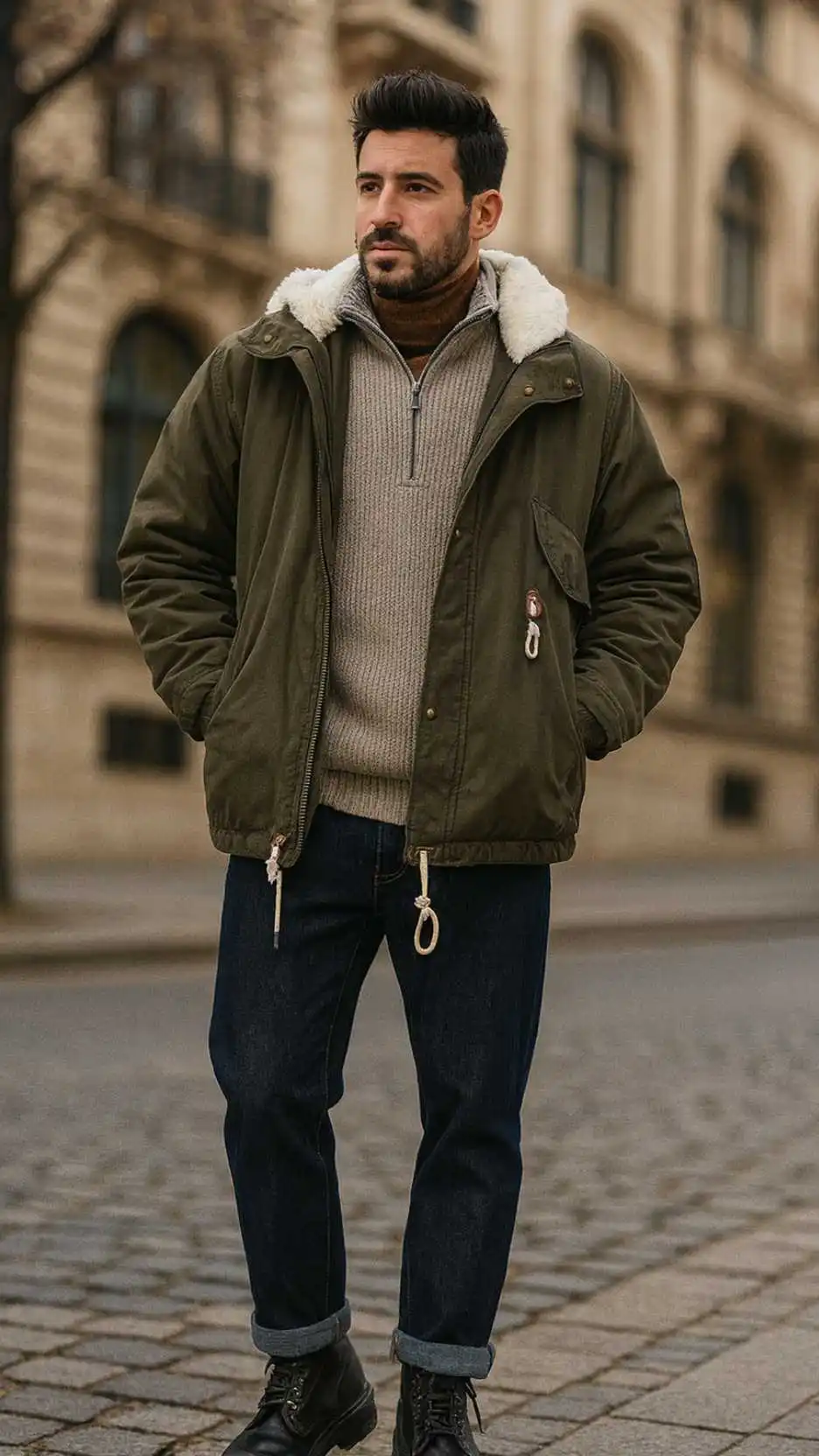 Sherpa-Lined Olive Parka + Taupe Half-Zip + Brown Turtleneck + Raw Dark Denim + Black Combat Boots