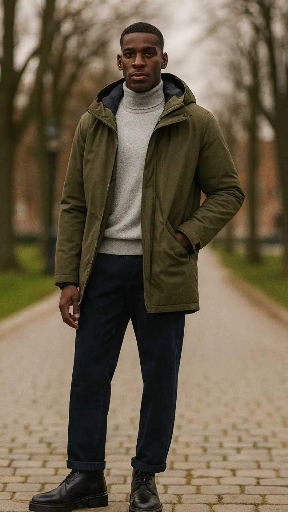 Olive Hooded Parka + Light-Gray Turtleneck + Navy Trousers + Black Chelsea Boots