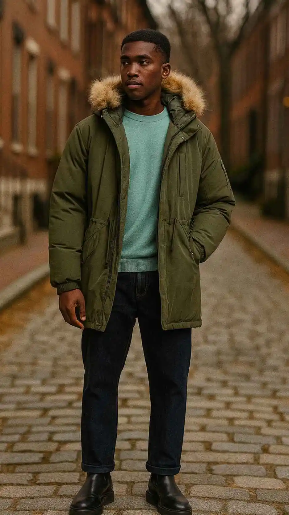 Olive Parka With Fur Hood + Mint Sweater + Dark Jeans + Black Chelsea Boots