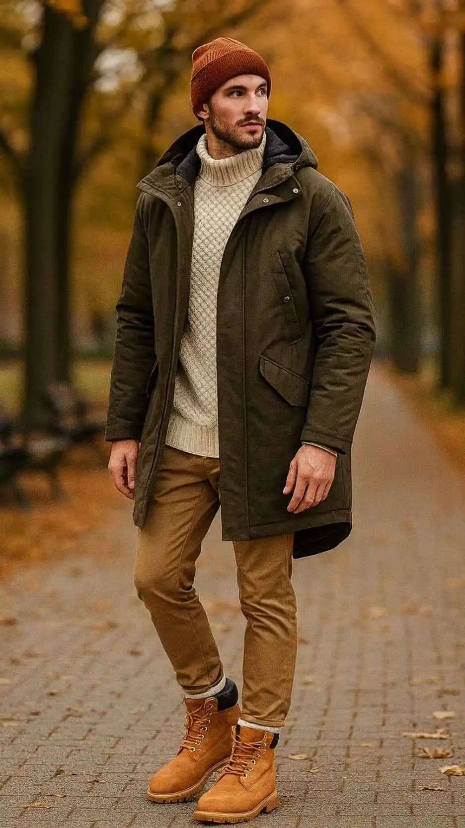 Deep-Olive Parka + Cream Cable-Knit + Tan Chinos + Wheat Nubuck Work Boots