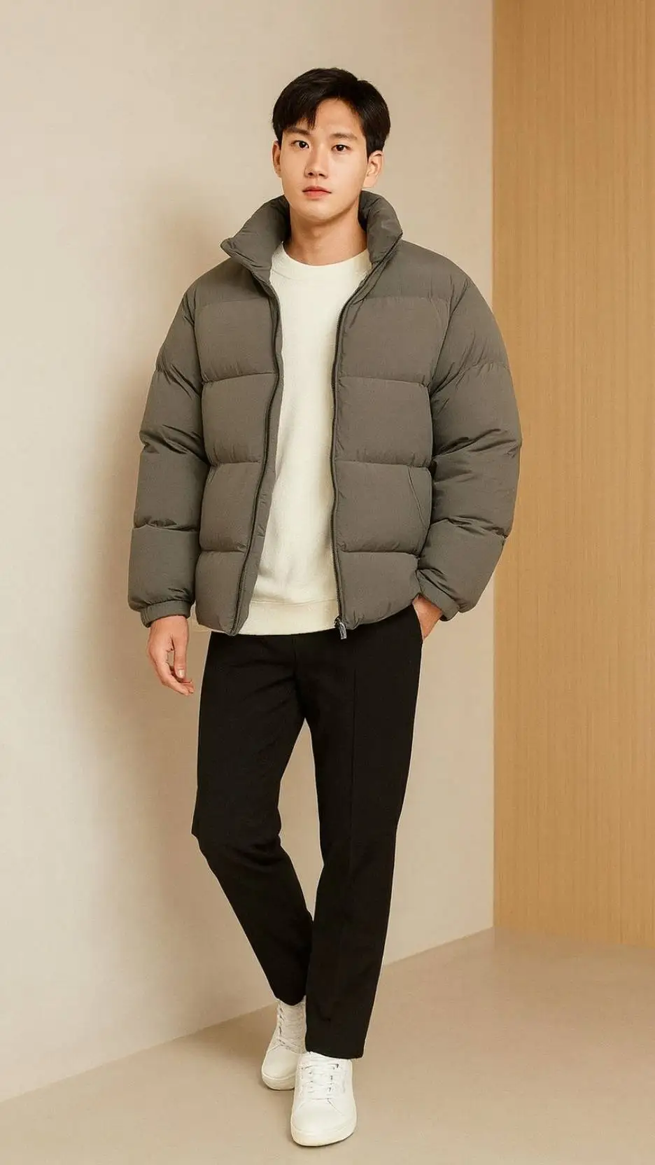 Gray Puffer + White Sweatshirt + Black Straight Trousers + White Leather Sneakers