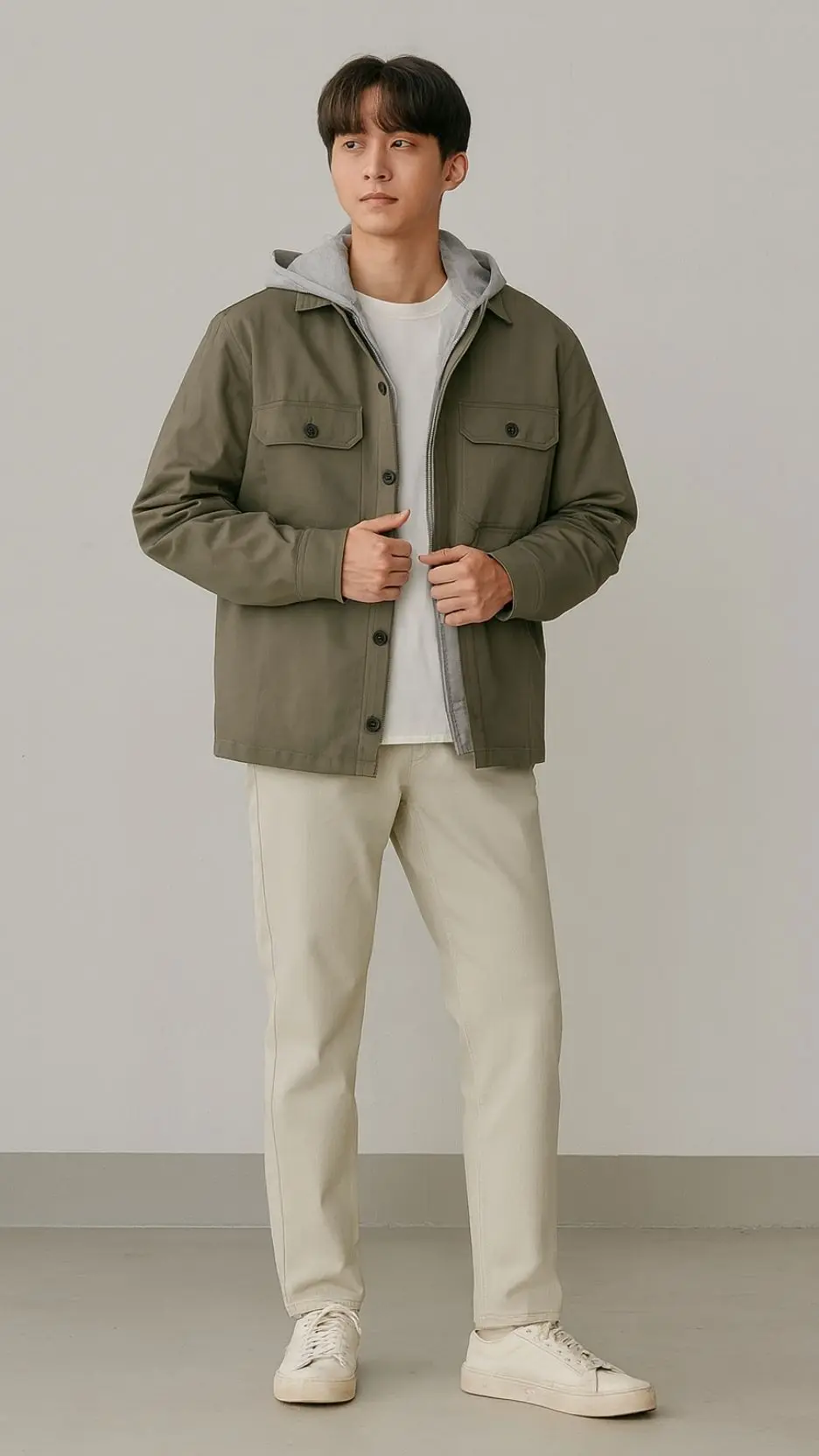 Olive Overshirt Jacket + Gray Hoodie + White Tee + Light-Beige Chinos + Beige Court Sneakers
