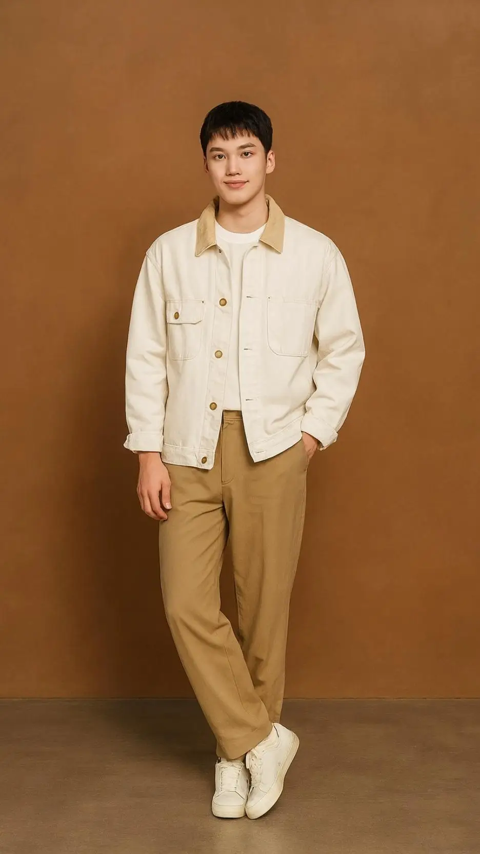 Ivory Chore Jacket (Tan Cord Collar) + White Tee + Camel Pleated Trousers + White Retro Sneakers