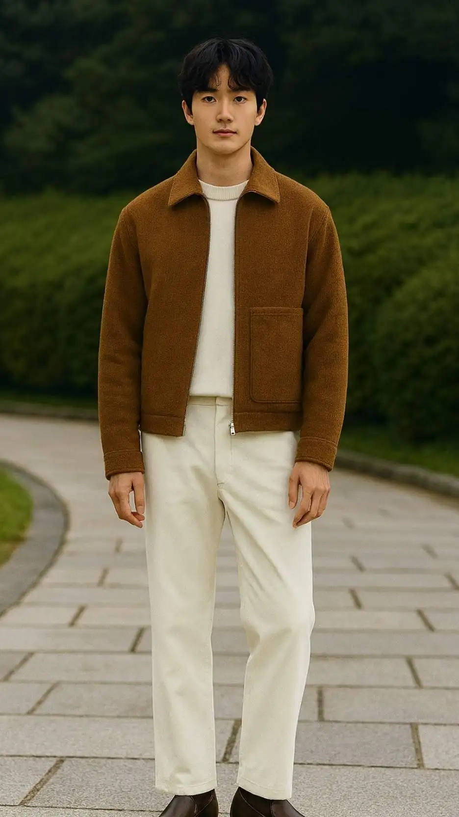 Cinnamon Wool Zip Jacket + White Sweatshirt + Off-White Trousers + Dark-Brown Chelsea Boots
