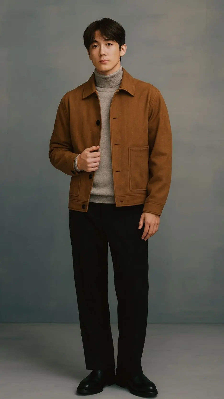 Camel Suede Trucker Jacket + Light-Gray Turtleneck + Black Tailored Trousers + Black Leather Derby Shoes