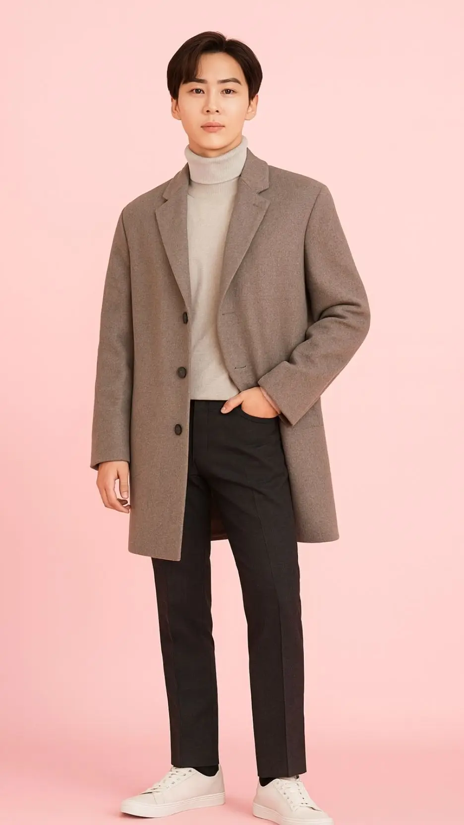 Taupe Wool Overcoat + Oatmeal Turtleneck + Charcoal Dress Pants + White Leather Sneakers