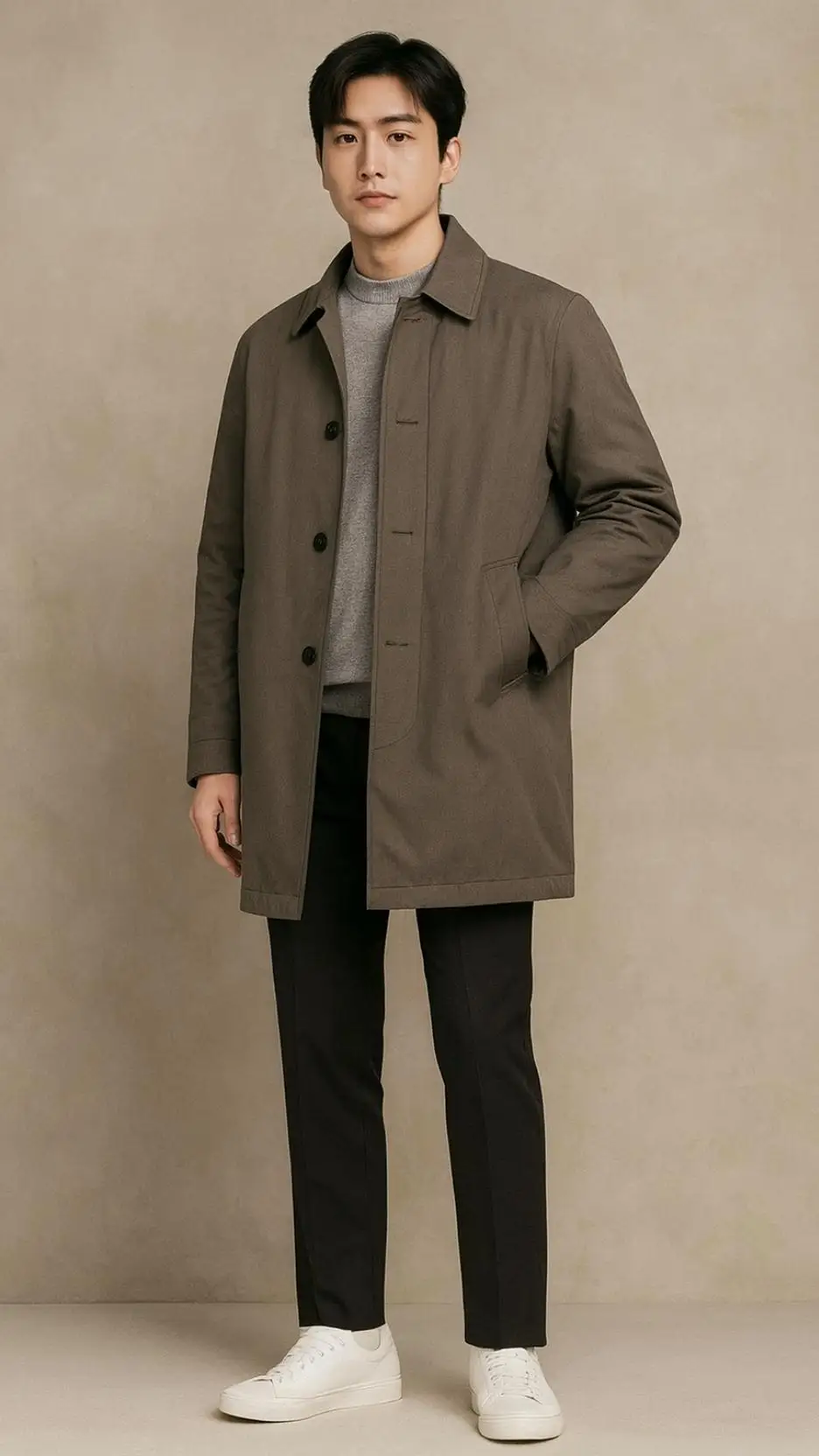 Olive Mac Coat + Gray Knit Sweater + Dark Trousers + White Leather Sneakers