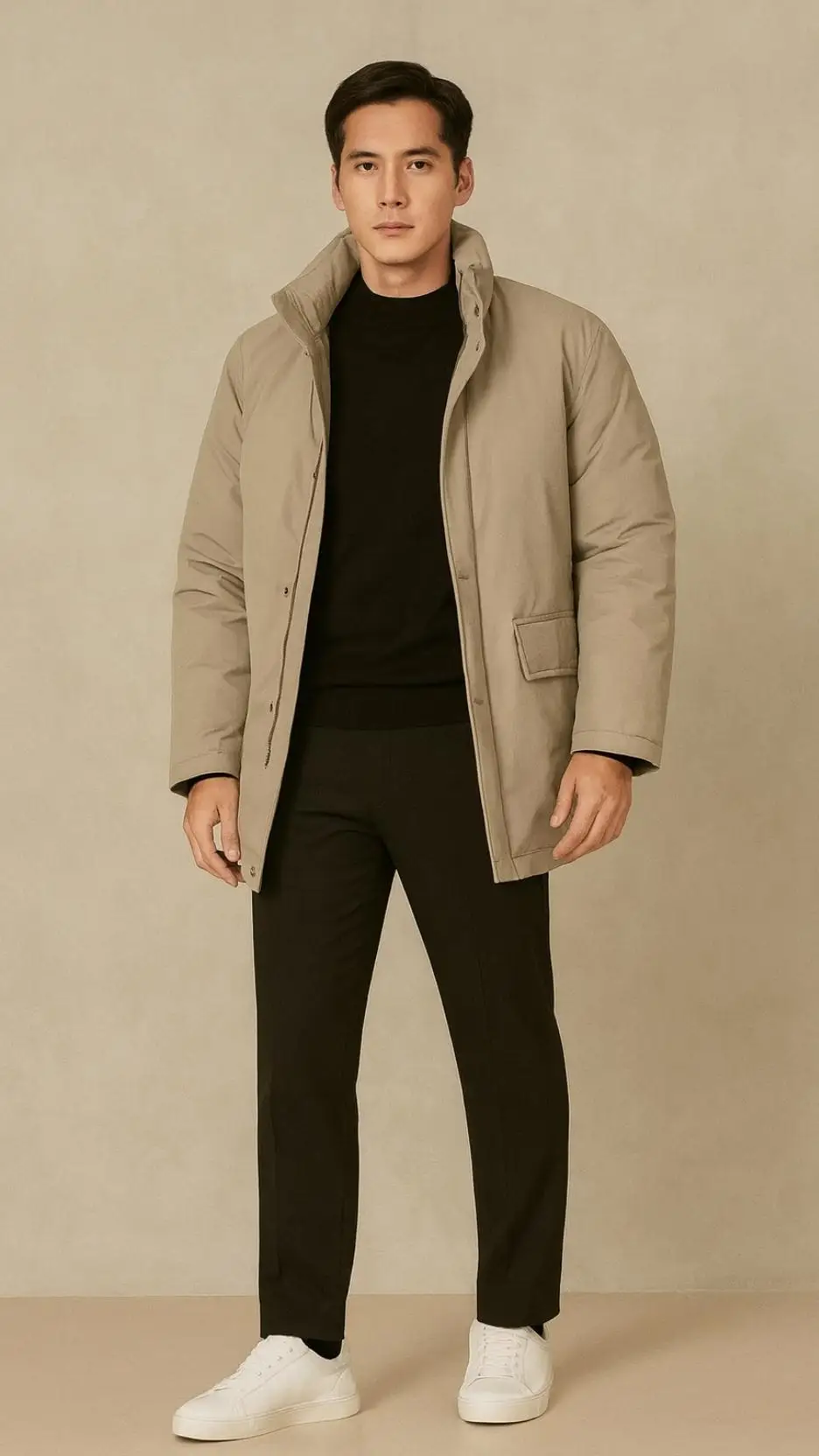 Stone Puffer Jacket + Black Knit Sweater + Black Trousers + White Leather Sneakers