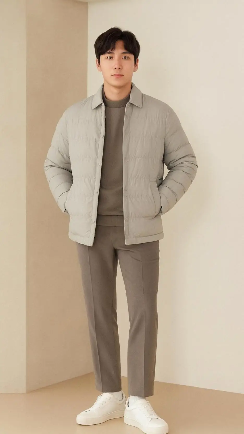 Light-Gray Quilted Jacket + Taupe Sweater And Shirt + Taupe Trousers + White Sneakers