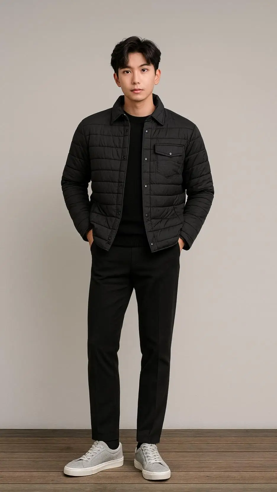 Black Quilted Overshirt + Black Knit + Black Slim Trousers + Gray Suede Sneakers