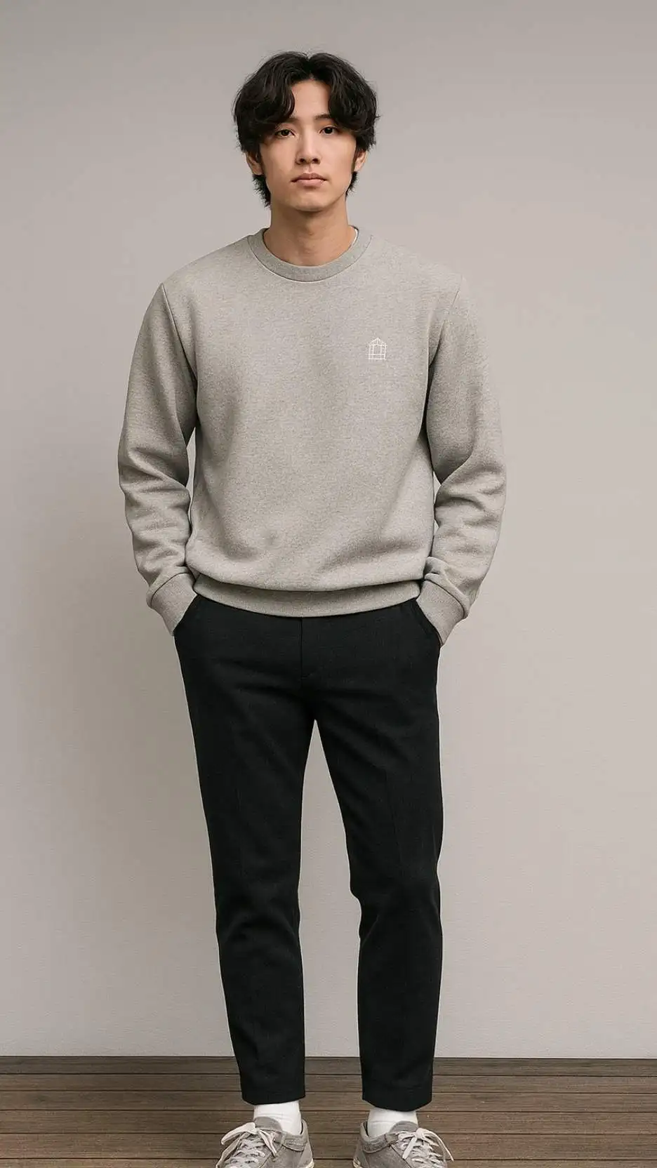 Heather-Gray Sweatshirt + Black Tapered Trousers + Gray Suede Sneakers