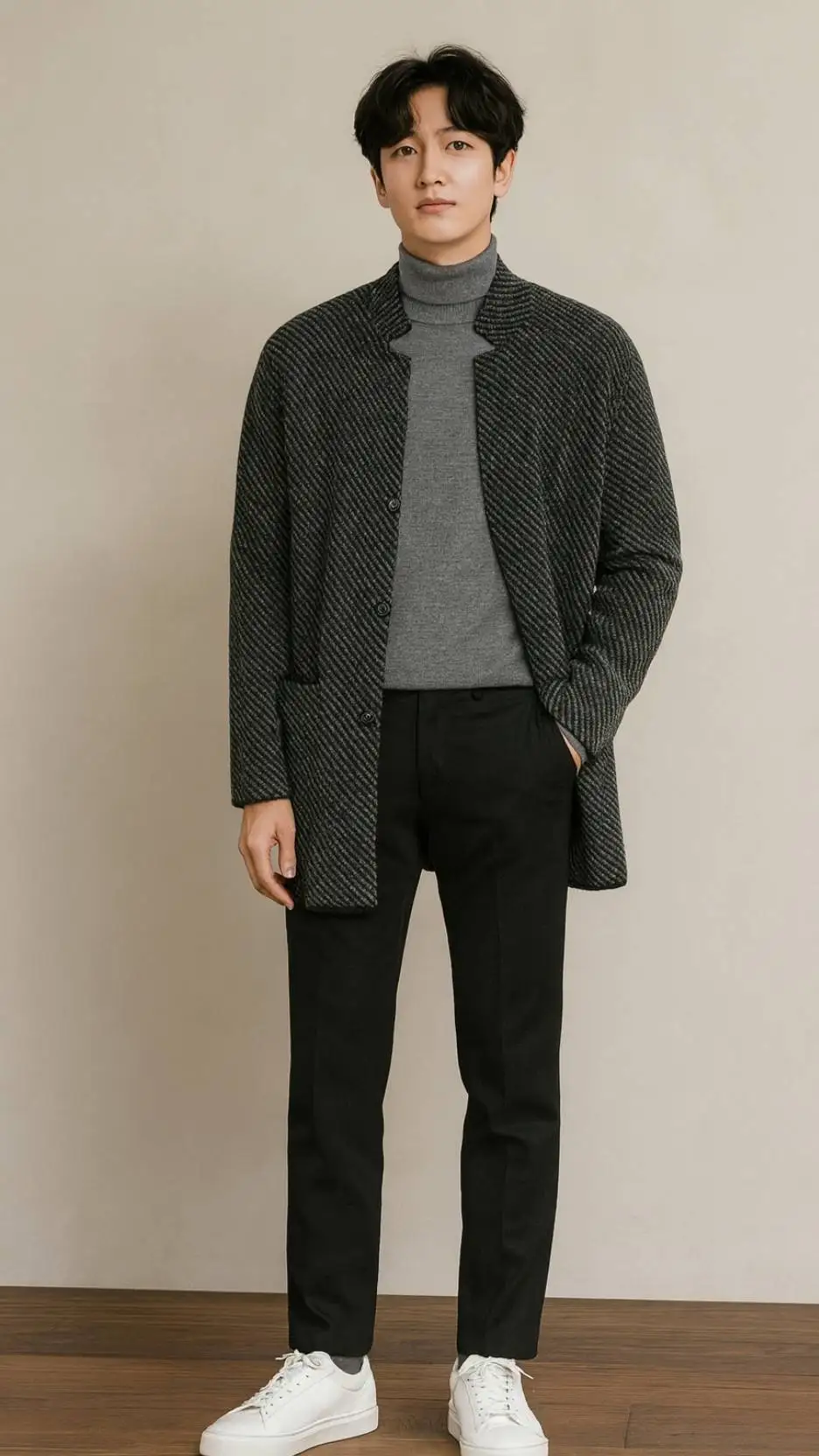 Charcoal Knit Coat-Cardigan + Gray Turtleneck + Charcoal Trousers + White Leather Sneakers