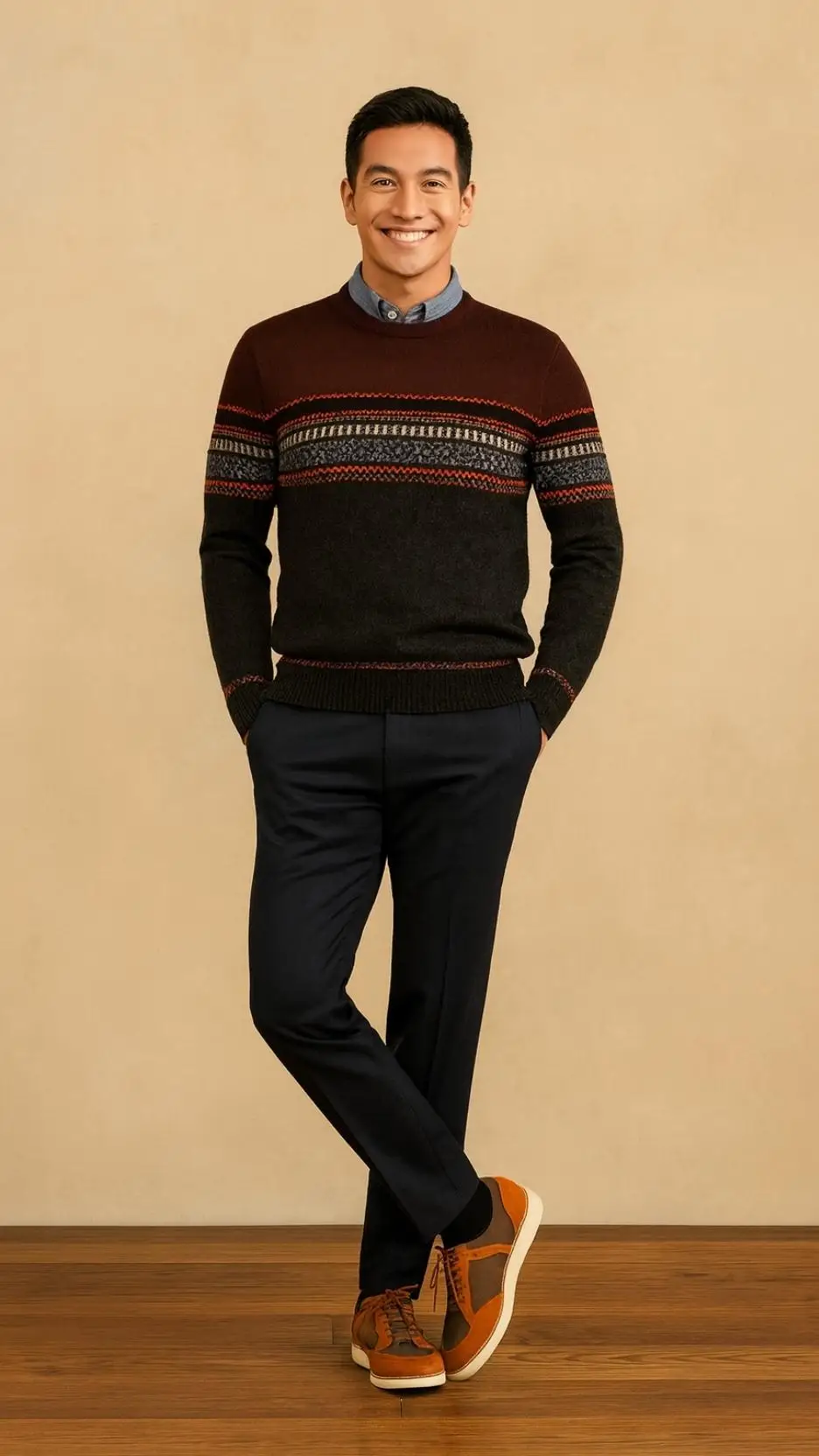 Burgundy Fair-Isle Sweater + Light-Blue Oxford Shirt + Navy Trousers + Brown Retro Sneakers