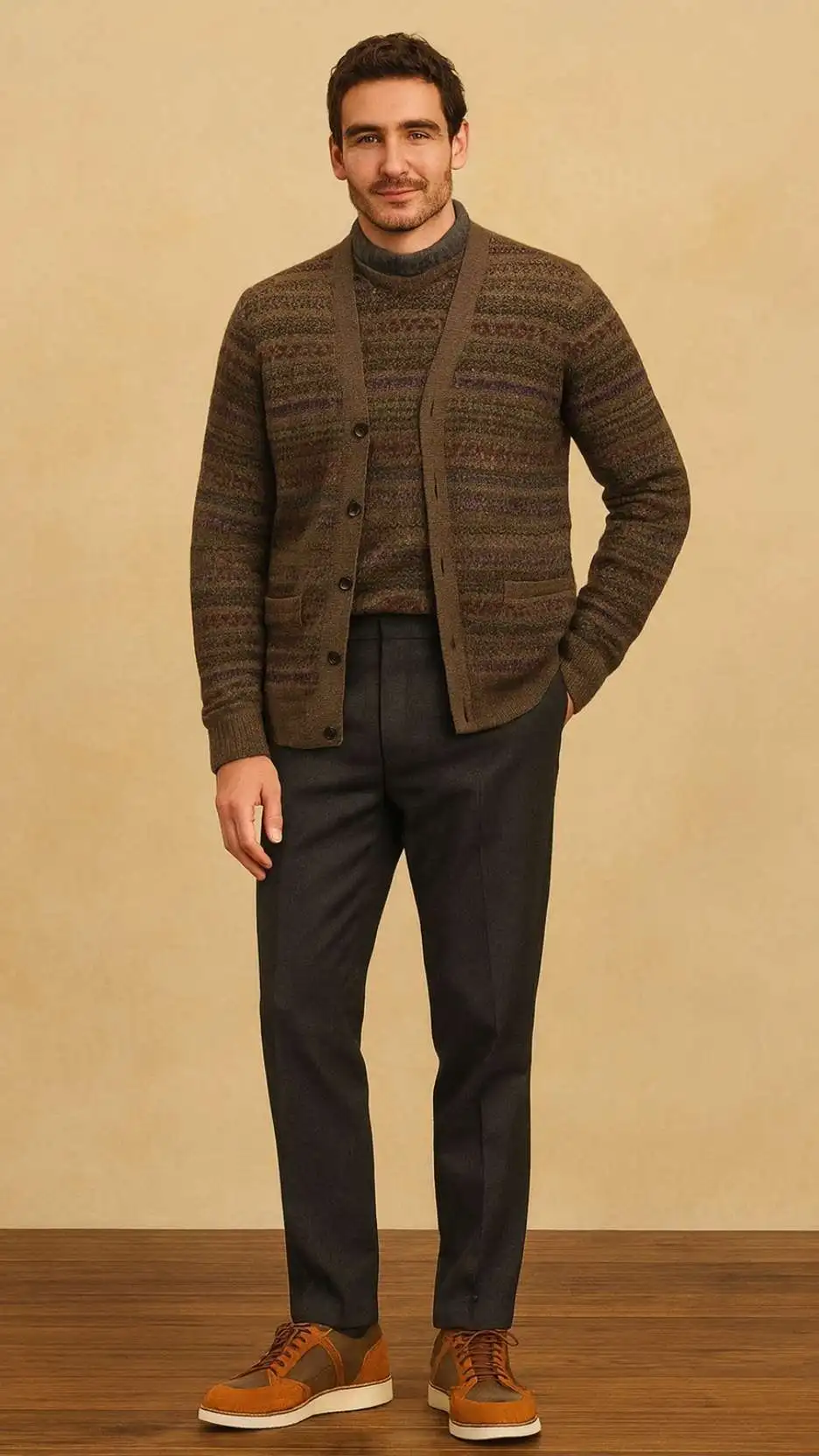 Olive-Brown Cardigan + Patterned Crewneck + Charcoal Tailored Trousers + Dark-Brown Leather Loafers