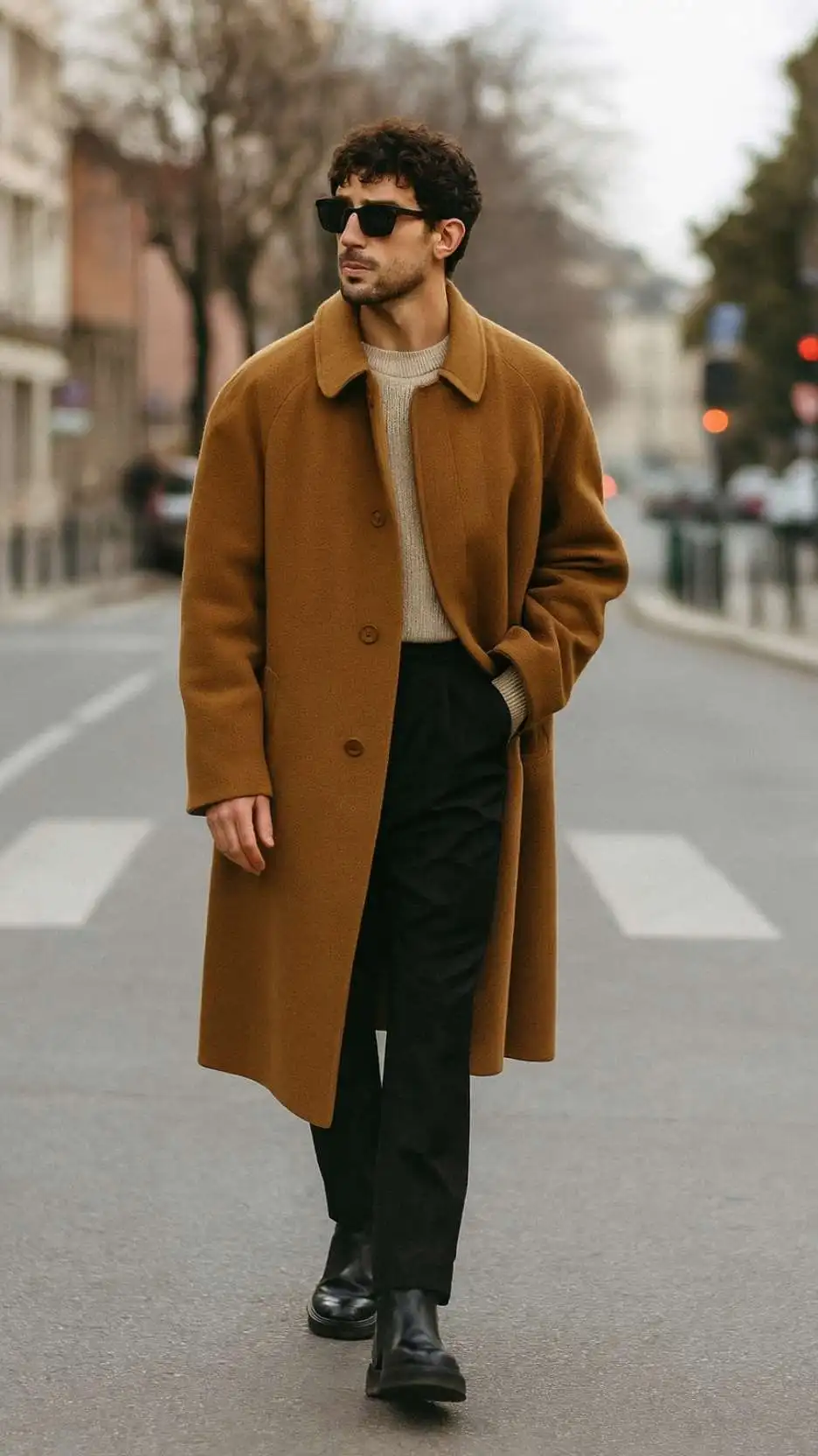 Camel Wool Overcoat + Stone Ribbed Crew-Neck Knit + Black Straight-Leg Trousers + Black Leather Chelsea Boots + Black Rectangle Sunglasses