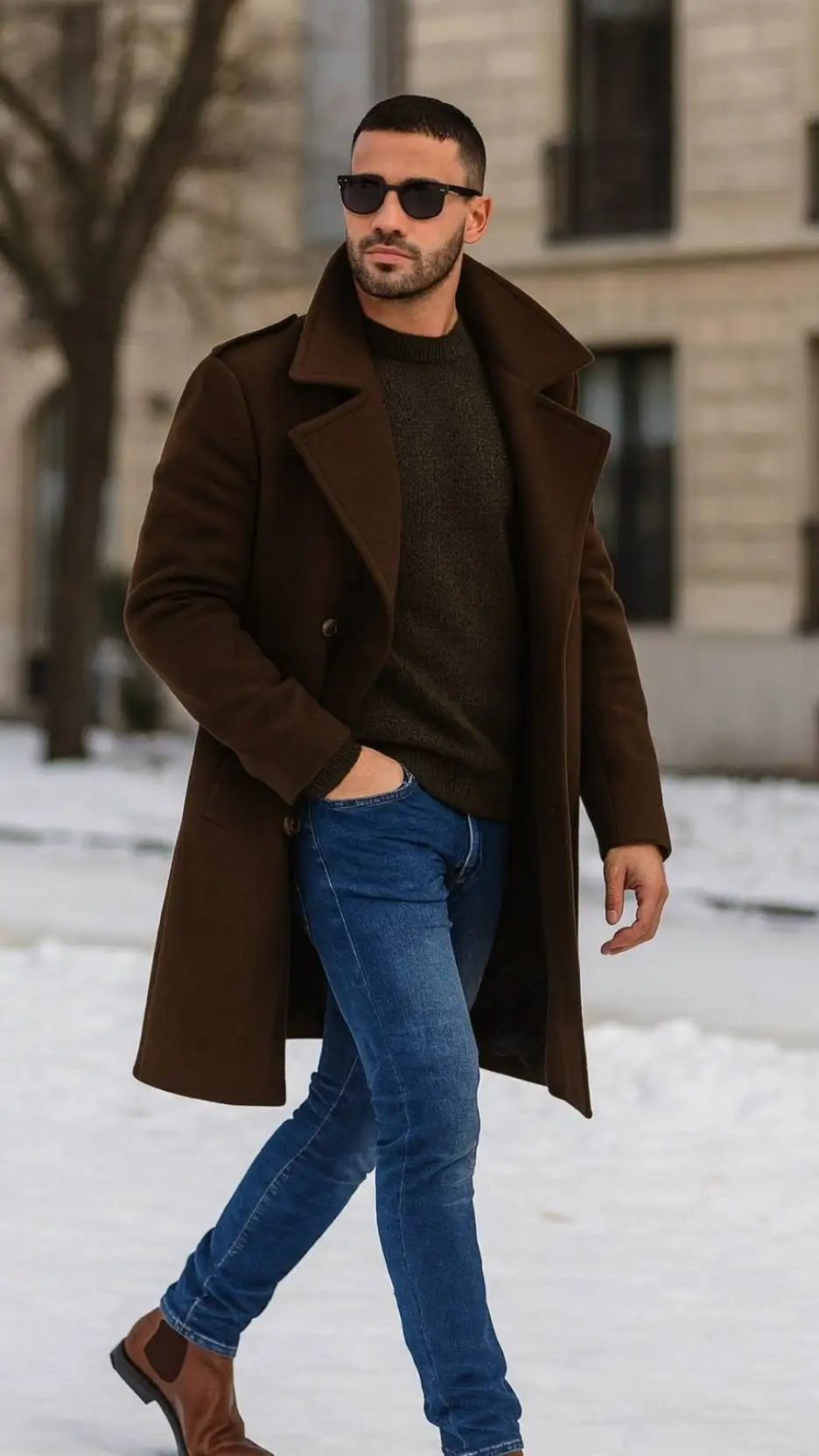 Dark Chocolate Overcoat + Deep Olive Crew-Neck Sweater + Mid-Blue Skinny Jeans + Tan Suede Chelsea Boots + Black Sunglasses