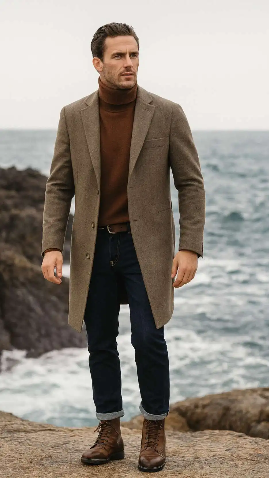 Taupe Single-Breasted Topcoat + Brown Turtleneck + Cuffed Raw-Indigo Jeans + Brown Leather Lace-Up Boots