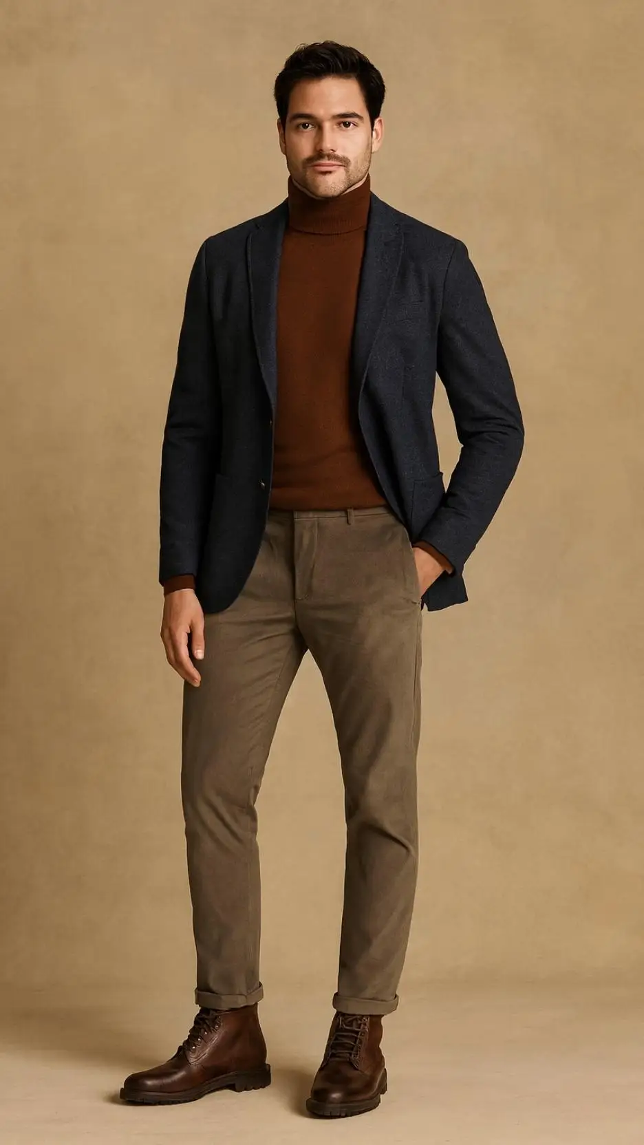 Navy Textured Blazer + Brown Turtleneck + Taupe Chinos + Brown Leather Hiking-Style Boots