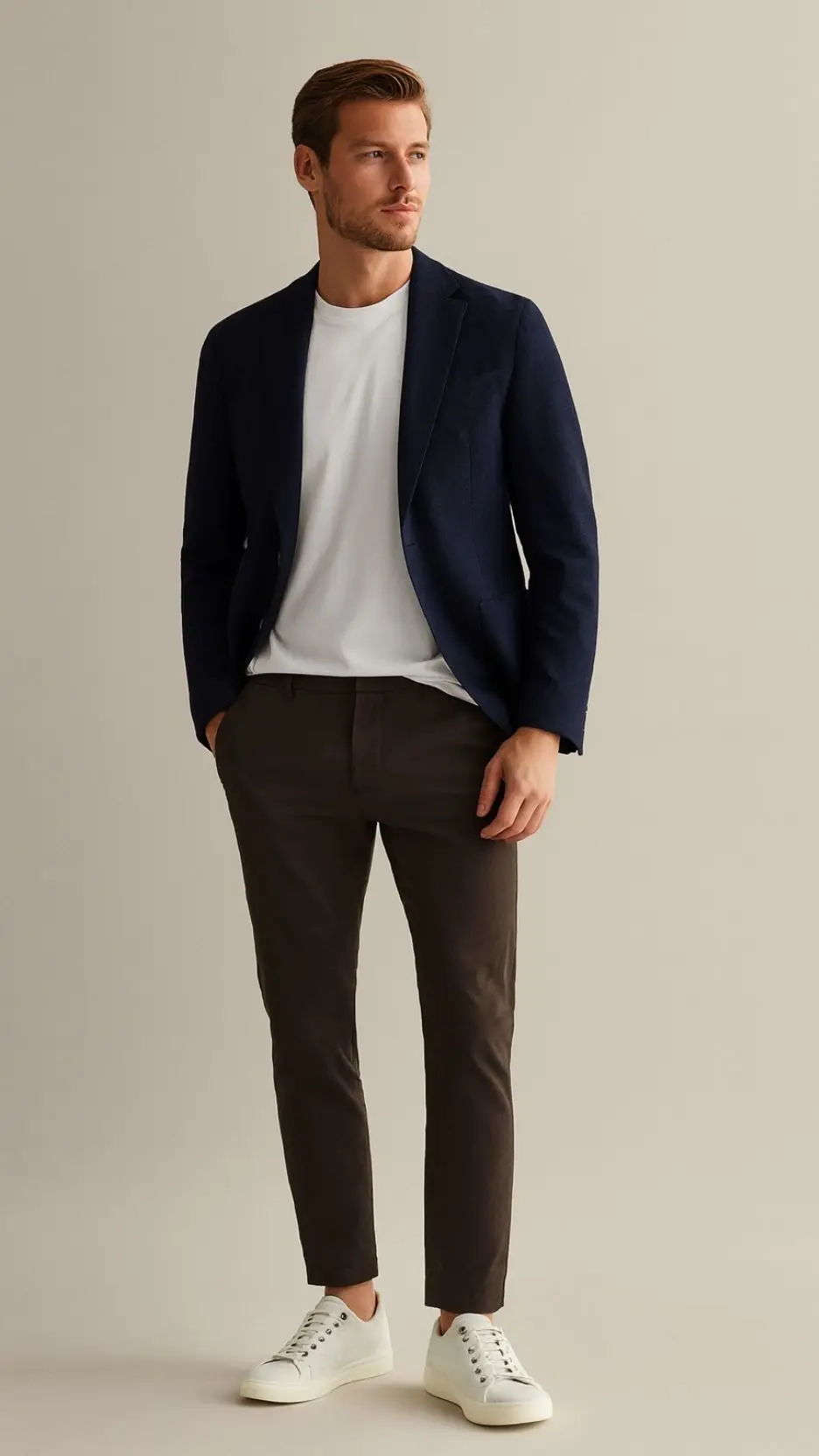 Navy Blazer + White Crew-Neck Tee + Dark Chocolate Cropped Trousers + White Low-Top Leather Sneakers