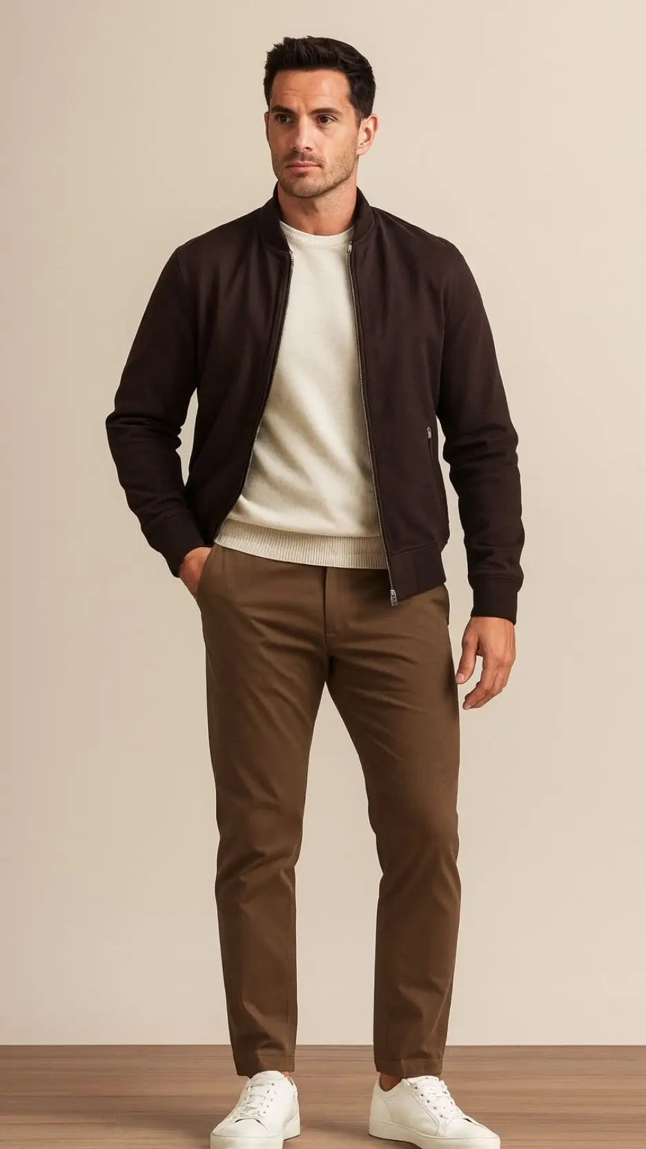 Dark Brown Zip Bomber Jacket + Off-White Knit Sweater + Camel Chinos + White Leather Sneakers