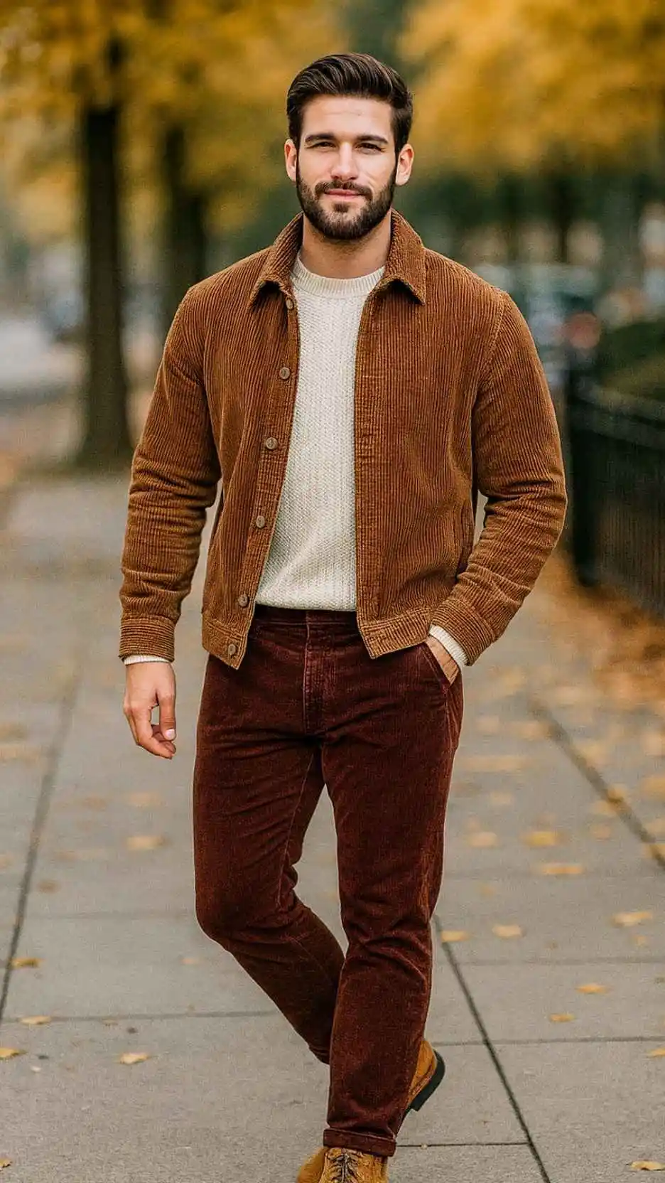 Caramel Corduroy Trucker Overshirt + Cream Fisherman-Knit Sweater + Burgundy Corduroy Jeans + Sand Suede Derby Boots
