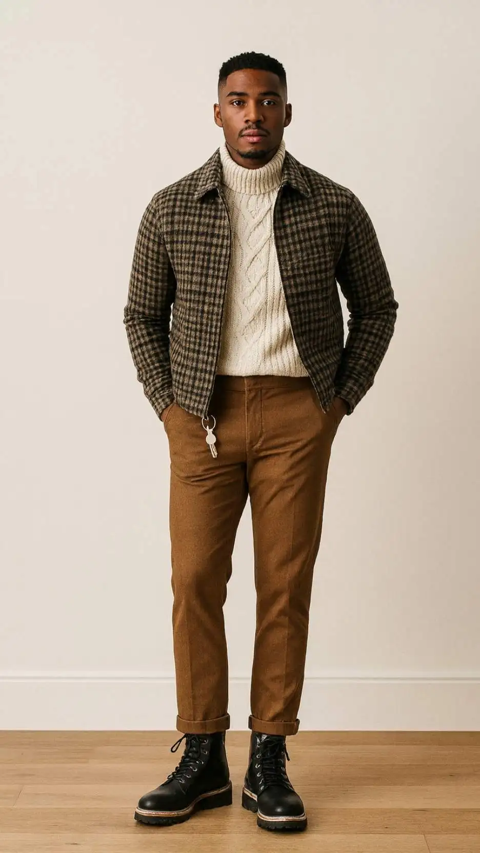 Brown-Green Plaid Wool Overshirt + Cream Turtleneck + Tobacco Chinos (Cuffed) + Black Cap-Toe Combat Boots + Minimal Key-Ring