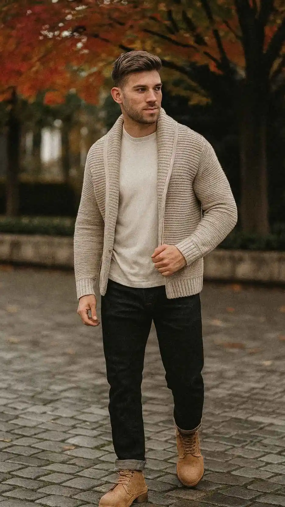 Oatmeal Shawl-Collar Cardigan + Ecru Tee + Dark Indigo Cuffed Jeans + Tan Leather Lace-Up Boots