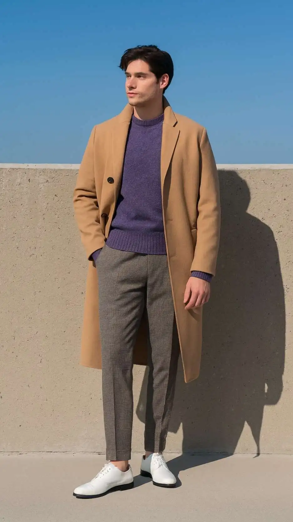 Camel Wool Overcoat + Heather-Violet Knit Sweater + Grey Glen-Check Ankle Trousers + White Leather Oxford Shoes
