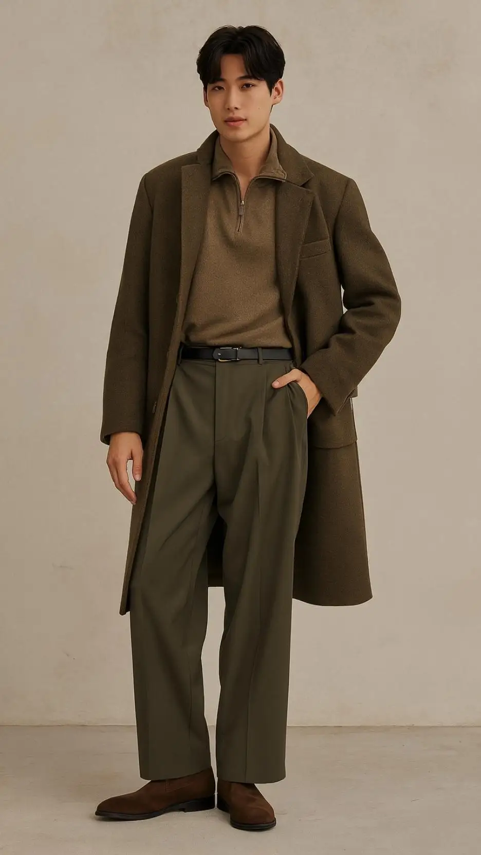 Dark-Olive Wool Overcoat + Taupe Half-Zip Knit Polo + Olive Pleated Wide-Leg Trousers + Brown Suede Loafers
