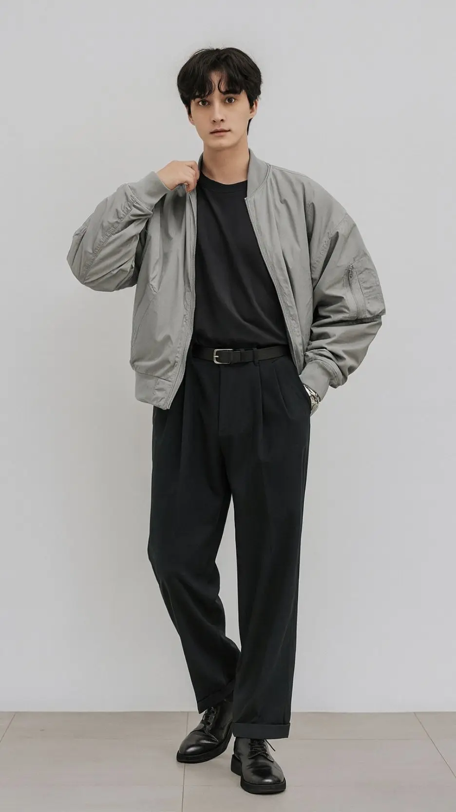 Light-Grey MA-1 Bomber Jacket + Black Crewneck Tee + Charcoal Pleated Trousers + Black Leather Derby Shoes