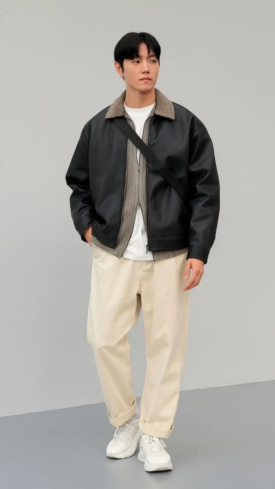 Black Leather Jacket + Grey Zip-Knit Cardigan + White Tee + Off-White Wide-Leg Trousers + Beige Chunky Sneakers