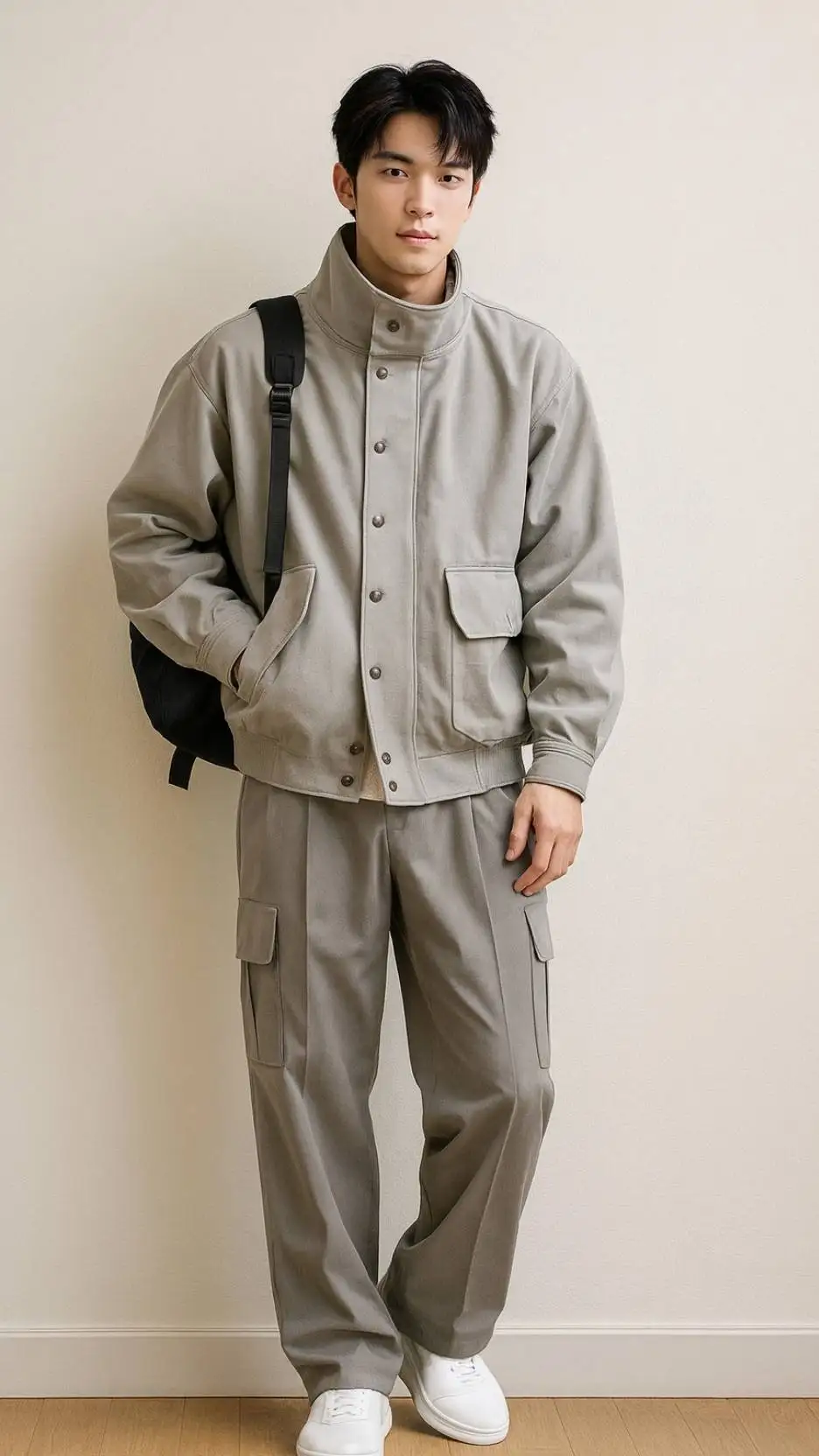 Greige Cropped Utility Jacket + White Henley/Tee + Matching Greige Wide Cargo Pants + White Platform Sneakers