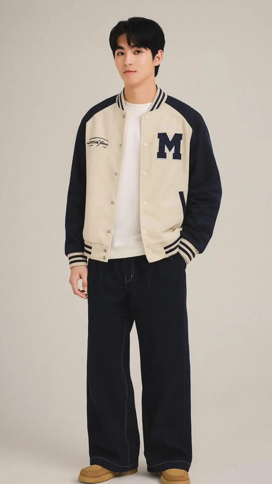 Cream-And-Navy Varsity Jacket + White Tee + Dark-Indigo Wide Jeans + Tan Suede Moc-Toe Shoes