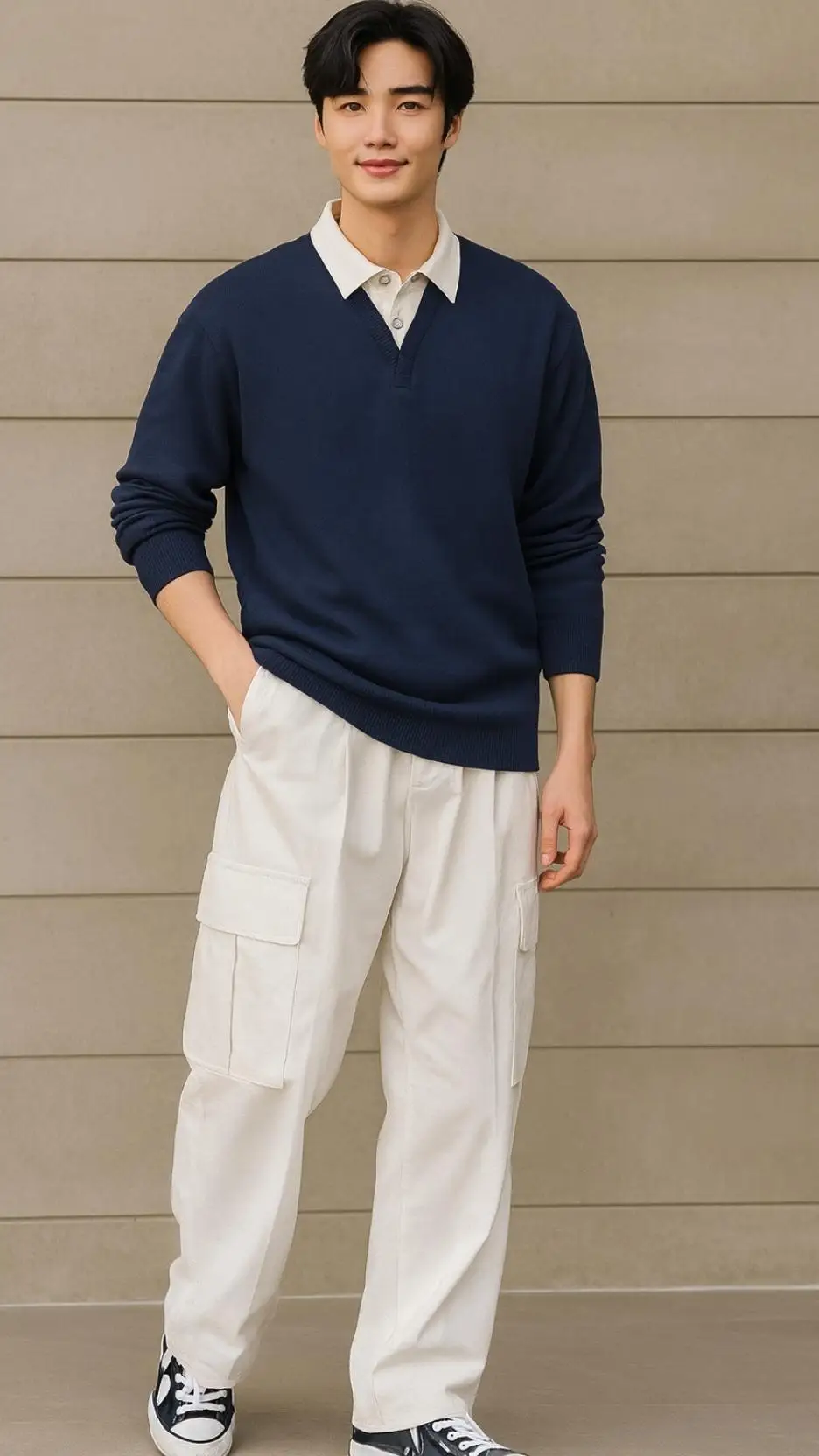 Navy Collar-V Sweater + White Collared Shirt + White Wide Cargo Pants + Black-And-White Low-Top Sneakers