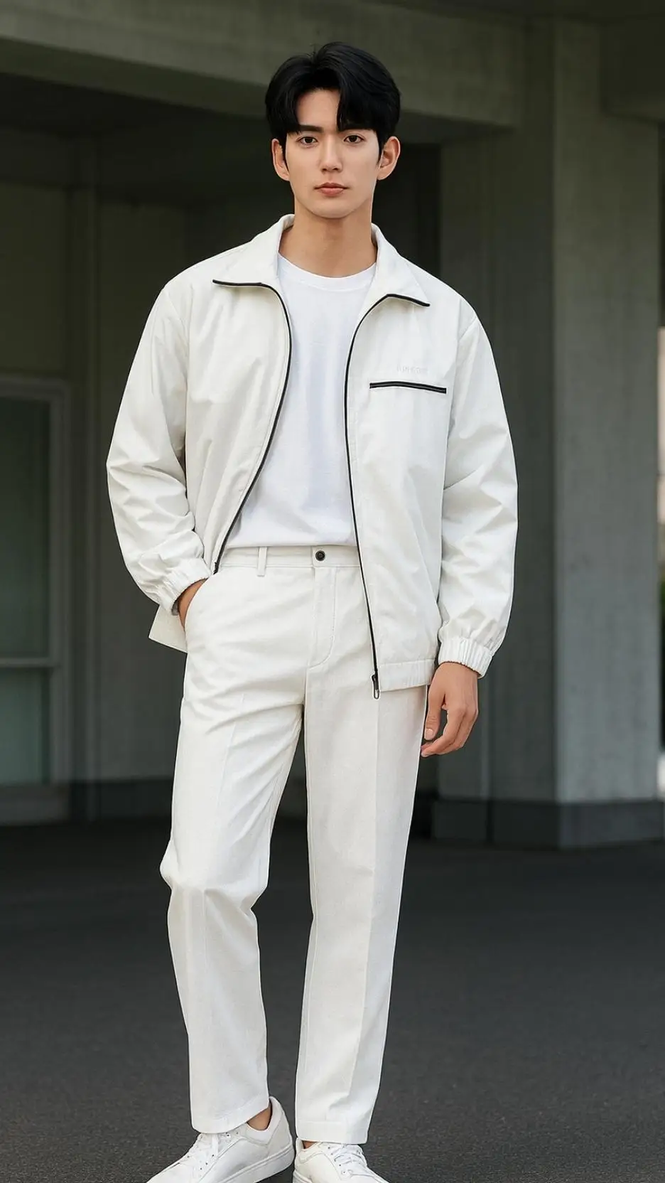 White Track Jacket With Black Piping + White Tee + White Straight Trousers + White Sneakers